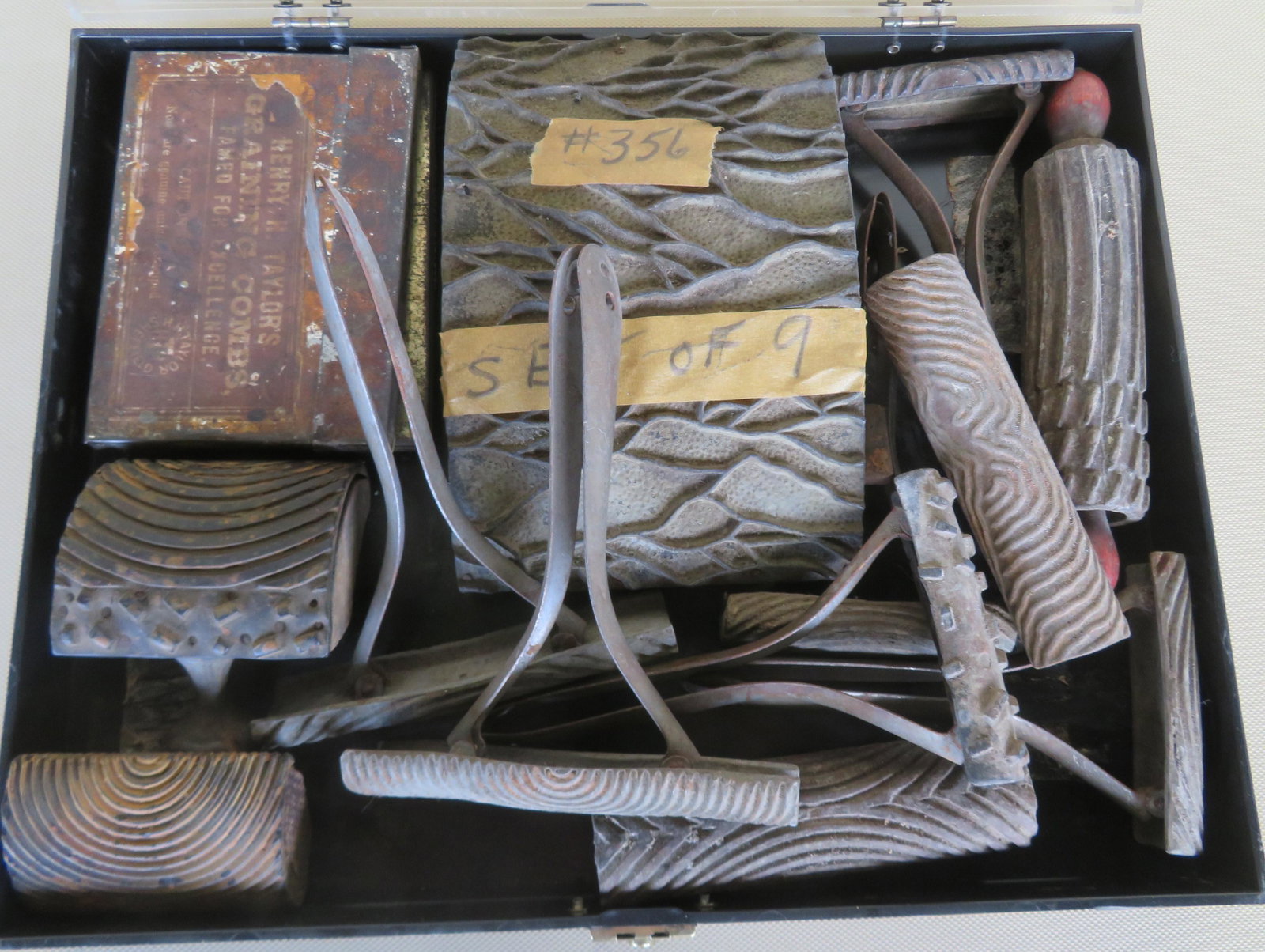 A grouping of 10 graining combs/rollers, including: A grouping of 10 graining combs/rollers, including several signed Ridgely USA Patent 1906, plus 3 boxed sets of tin Henry H. Taylor's Graining Combs. All in good condition.