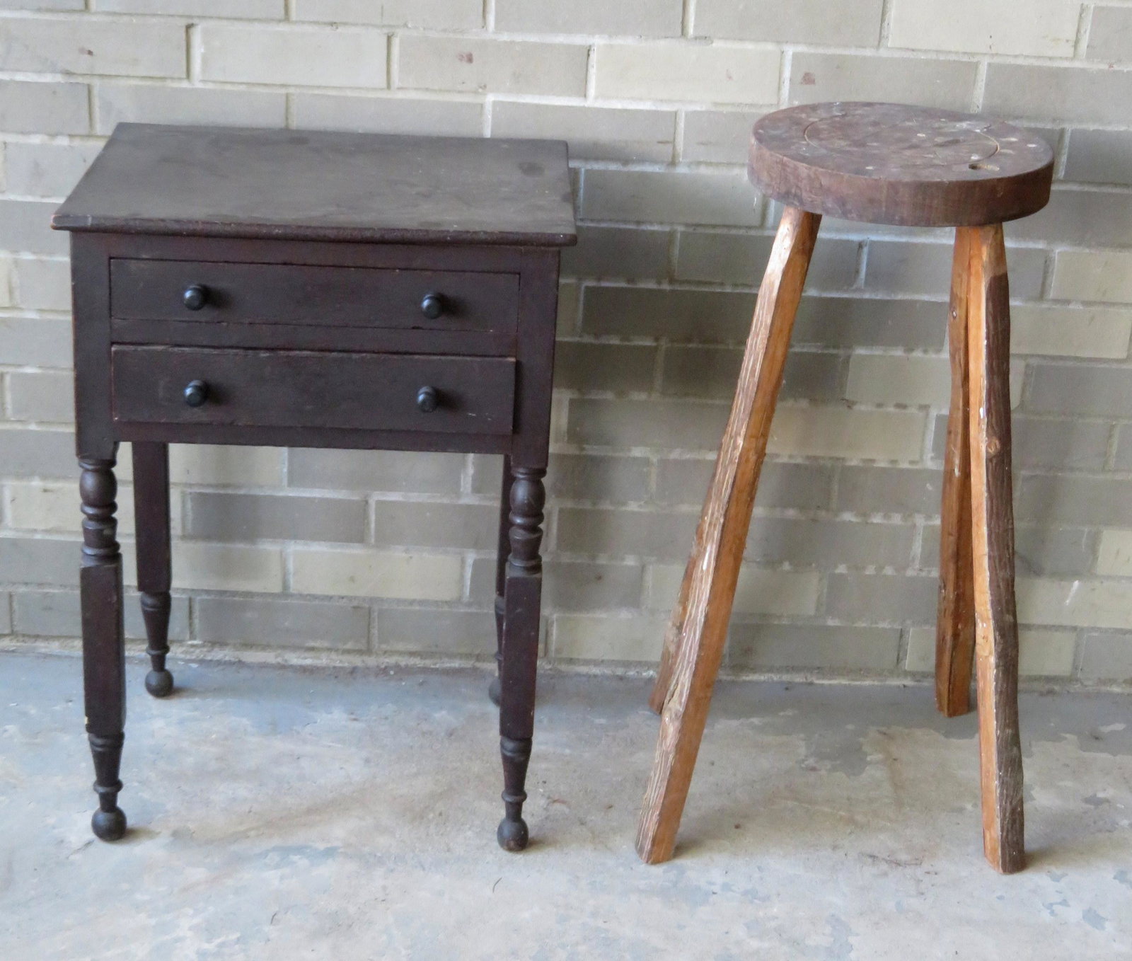 Two country items including: NY leg 1 drawer stand in: Two country items including: NY leg 1 drawer stand in old black paint, circa 1840-50 - Back left corner with glue repair, else very good condition; and a hand made stool, probably 19th century. Proven
