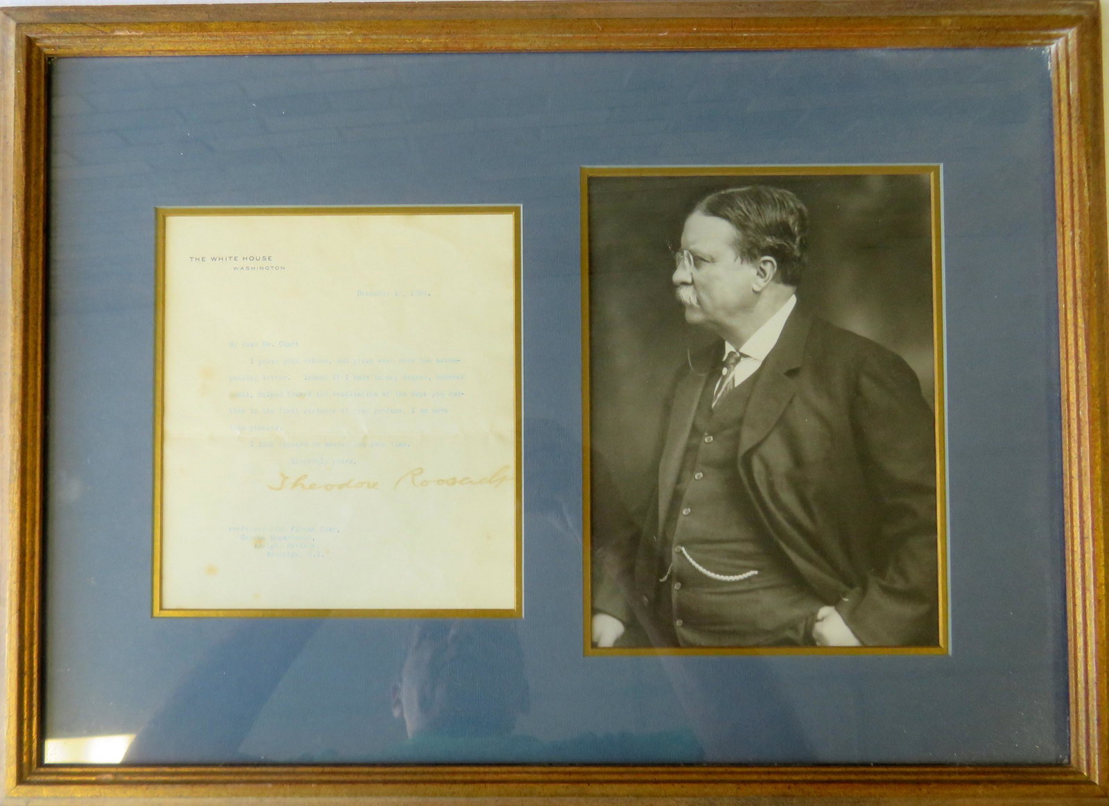 Theodore Roosevelt Presidential Autograph on Letter.: Theodore Roosevelt presidential autograph on typed letter written on White House stationary, dated December 16, 1908, and addressed to Professor John Firman Coar. The letter thanks the professor for a
