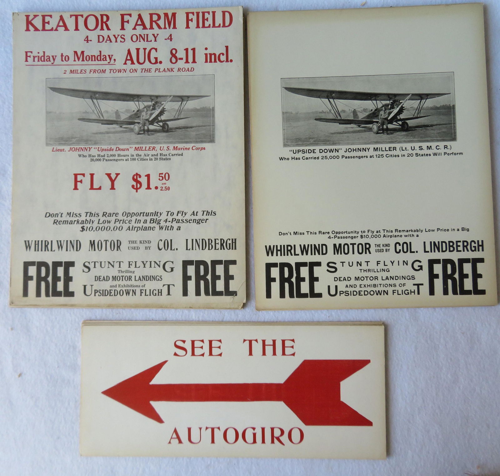 Grouping of 15 Captain John Miller (Poughkeepsie NY: Grouping of 15 Captain John Miller (Poughkeepsie NY 1905-2008) aviation broadside posters including : 5 of red pointing arrows marked "See The Autogiro" - Miller played a pioneering role as a test pil