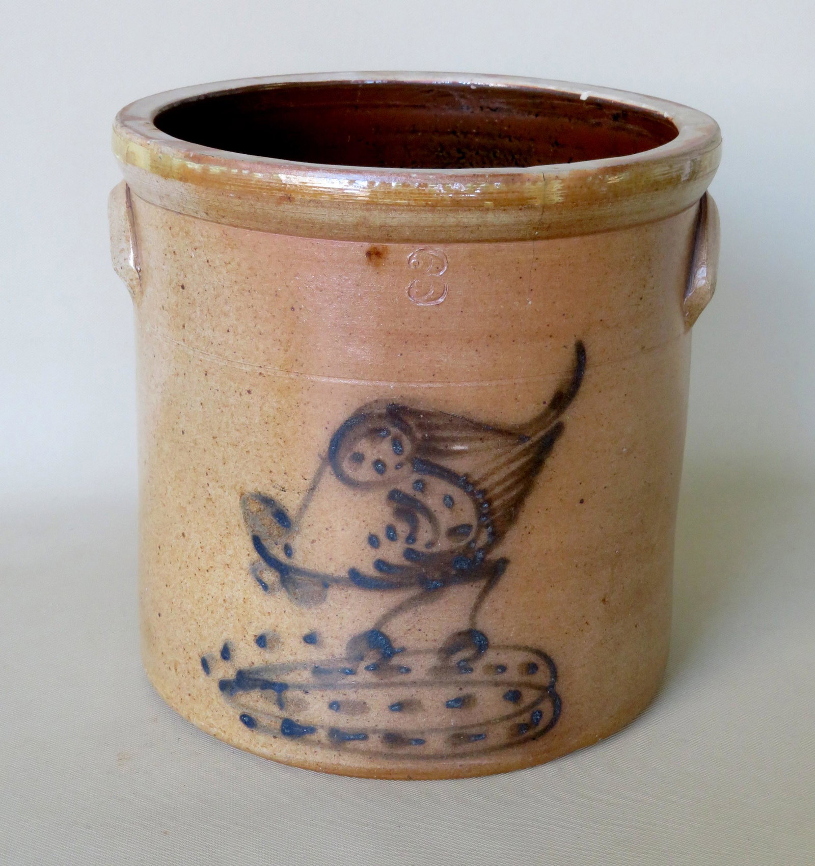 Stoneware crock, 3 gallon, decorated in cobalt blue: Stoneware crock, 3 gallon, decorated in cobalt blue with a chicken pecking corn design, attributed to Brady & Ryan Ellenville NY. Two hairline cracks on the front side, hardly noticeable, else very go