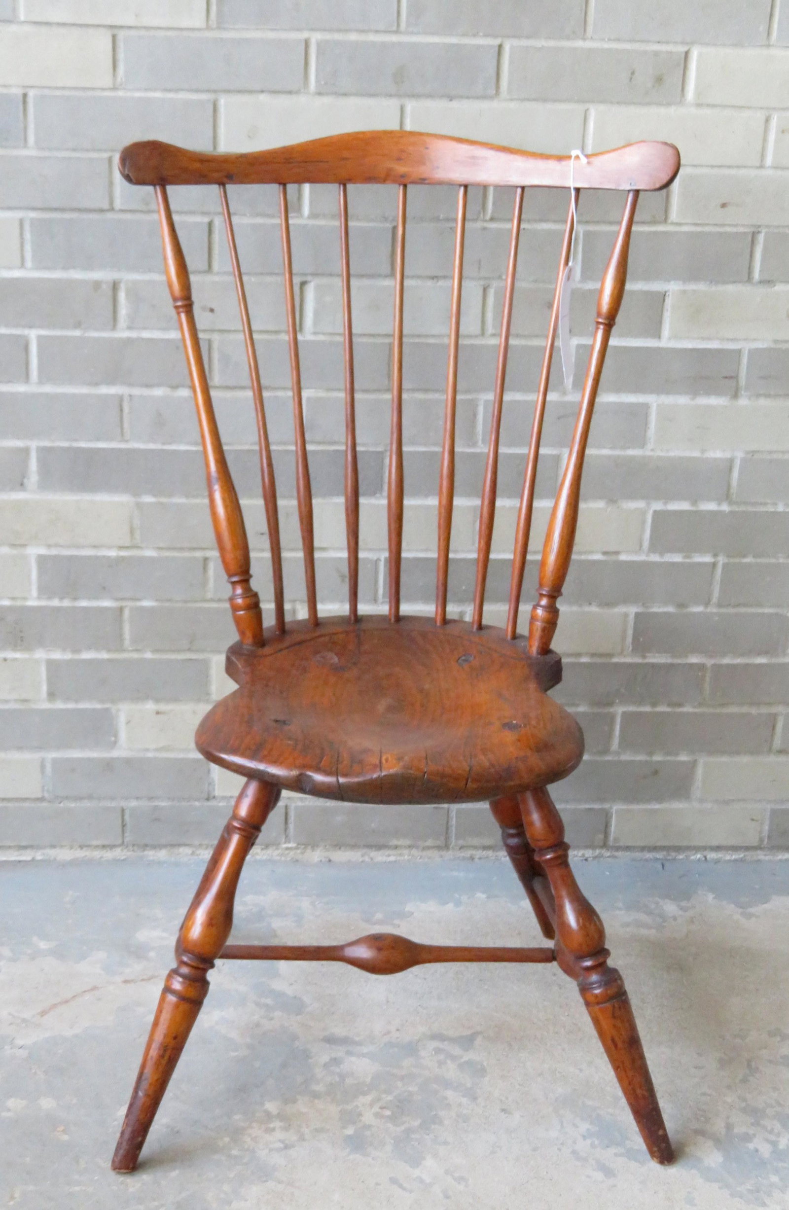 Windsor fan-back side chair with bulbous turnings on: Windsor fan-back side chair with bulbous turnings on legs and cross stretchers, refinished and in very good condition, 18th century. 37 1/4"H x 22 1/2"W x 17"H (seat height).
