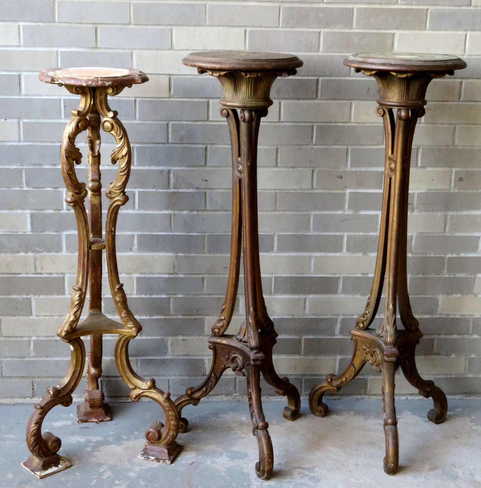 Three ornate French plant stands in original gilt: Three ornate French plant stands in original gilt gesso, in rococo style, 2 matching, all 19th century. Each with some staining on top from use as planter, one with chip to top of support for platform
