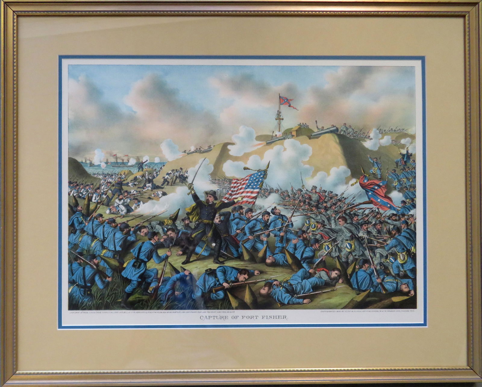 Authentic Kurtz & Allison chromolithograph, 1890,: Authentic Kurtz & Allison chromolithograph, 1890, entitled "Capture of Fort Fisher" and subtitled "January 15, 1865 - Union (Gen. Terry Com.) Loss: Gen. Bell & 110 Kd, Gens. Curtis, Pennypacker, and 5