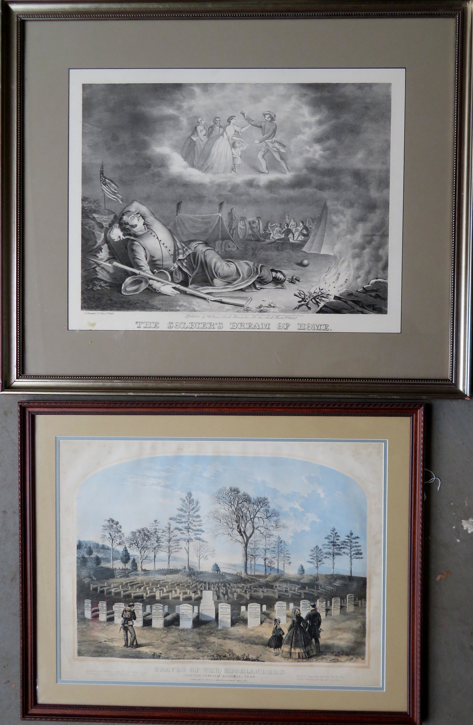 Two authentic 1864 lithographs including: 1) "The: Two authentic 1864 lithographs including: 1) "The Soldiers Dream of Home". Copyright by Wm. Smith 1864, Pa. - Marked below image "Published by William Smith, Printseller, No. 702 South Third St. Phila