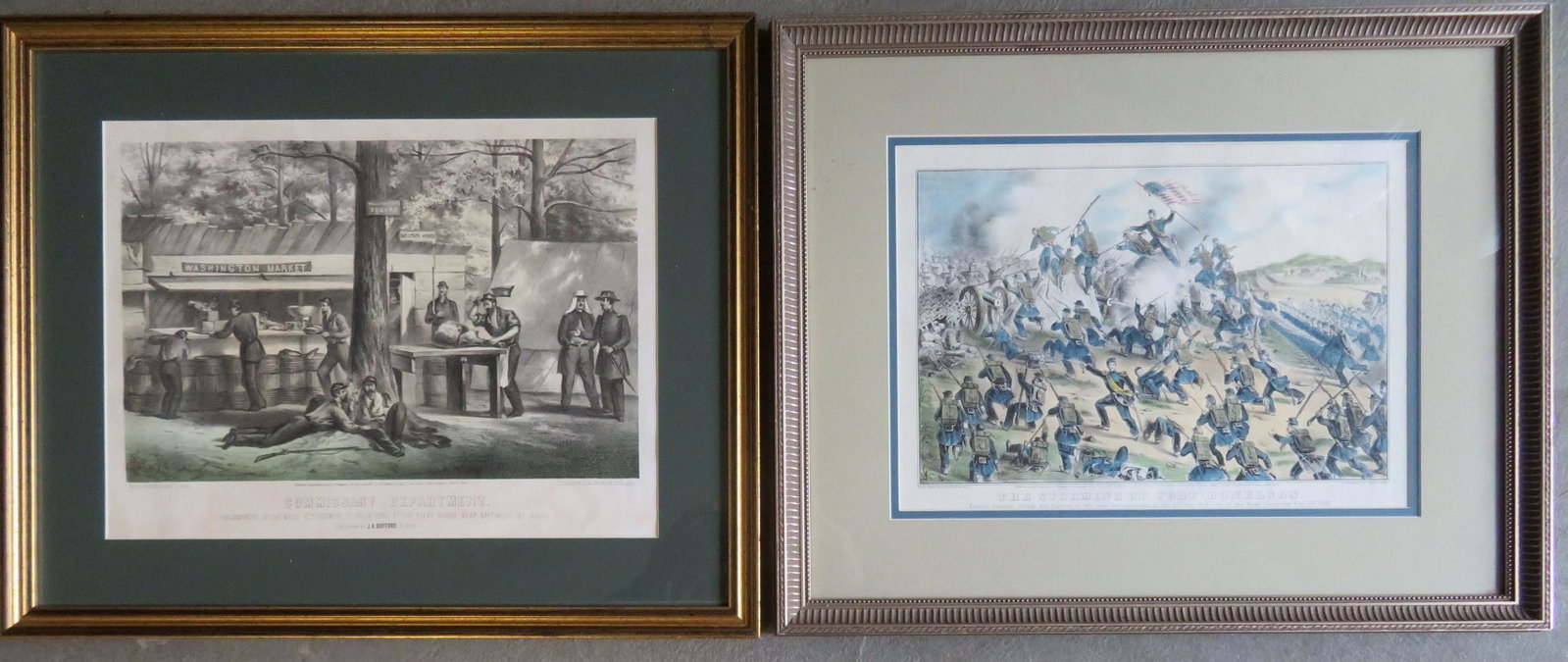Two authentic Civil War lithographs, 19th century,: Two authentic Civil War lithographs, 19th century, including: 1) Currier & Ives, 1862, hand colored, entitled "THE STORMING OF FORT DONELSON" - sight size 9 1/2" x 13 1/2" - overall frame size 16 1/4"