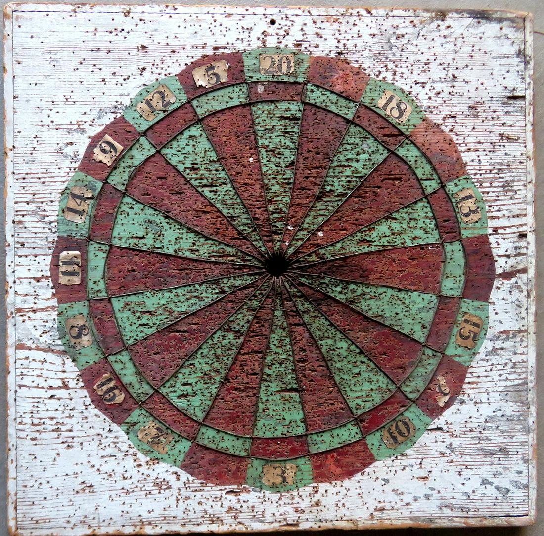 Dart board, hand made and hand painted - pine wood with: Dart board, hand made and hand painted - pine wood with wire section separators, borders with original molding, and in original paint - double sided. Expected use wear, and overall good condition, lat