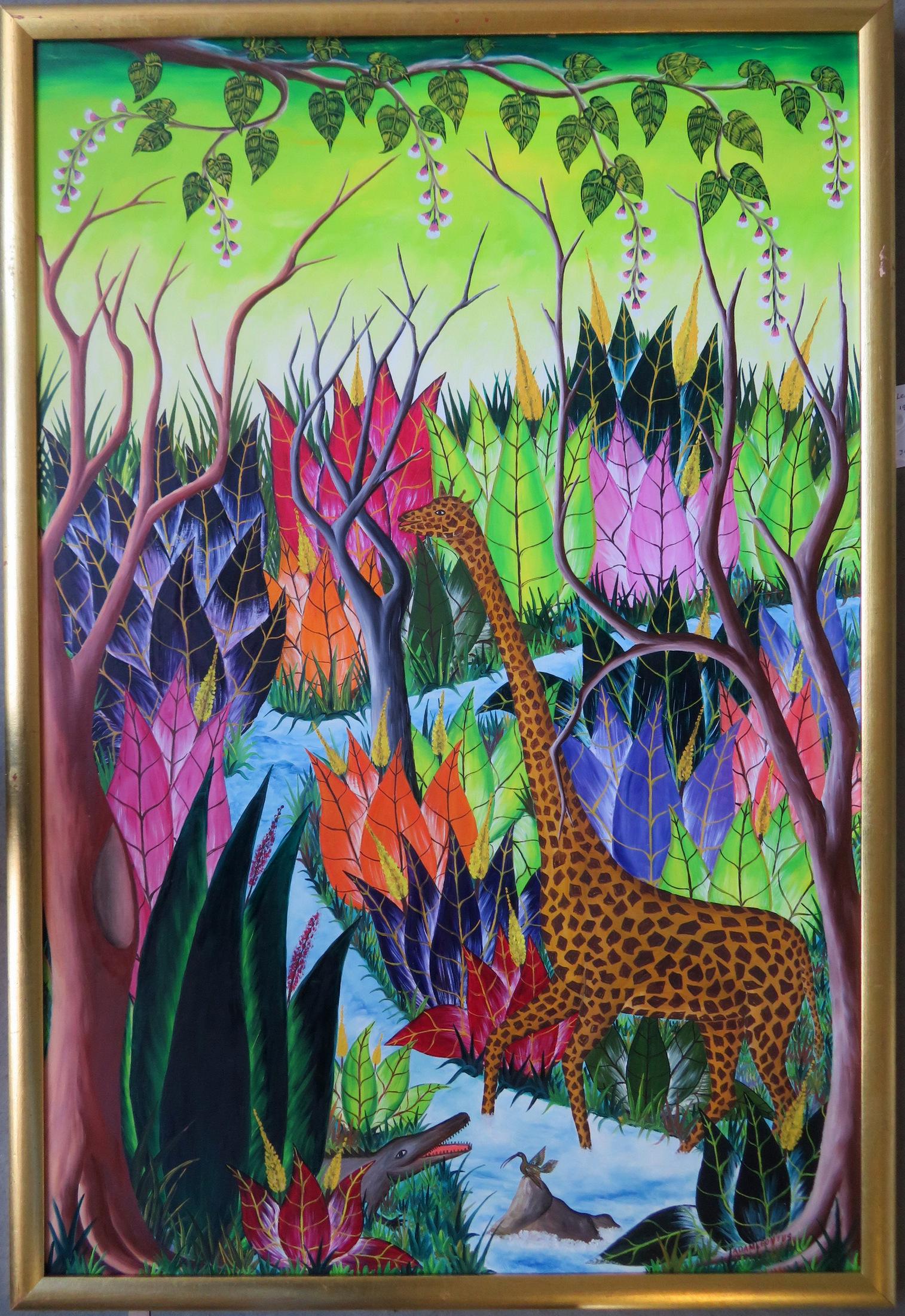 Adam Leontus, Haiti 1928-1986. O/B Modernistic jungle: Adam Leontus, Haiti 1928-1986. O/B Modernistic jungle scene with Giraffe walking in stream through jungle, 20th century, excellent condition. Artist board size 24" x 36". Provenance: Directly from the