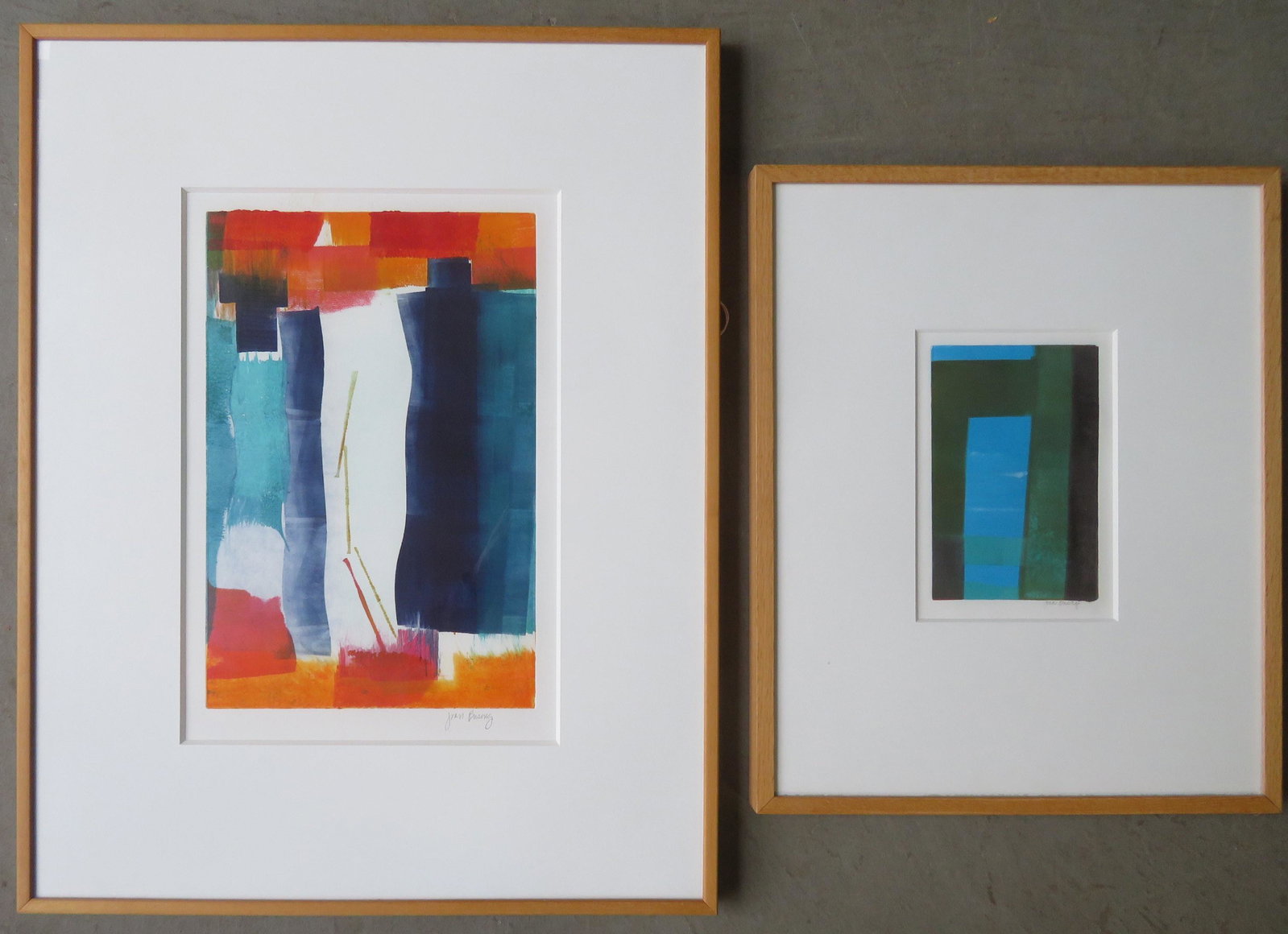 Joan Busing, NY/Maine, 20th-21st century. Two frame: Joan Busing, NY/Maine, 20th-21st century. Two frame modernistic monoprints, the larger from the "Remember #2" collection, pencil signed Joan Busing. Both professionally framed and matted and in excell
