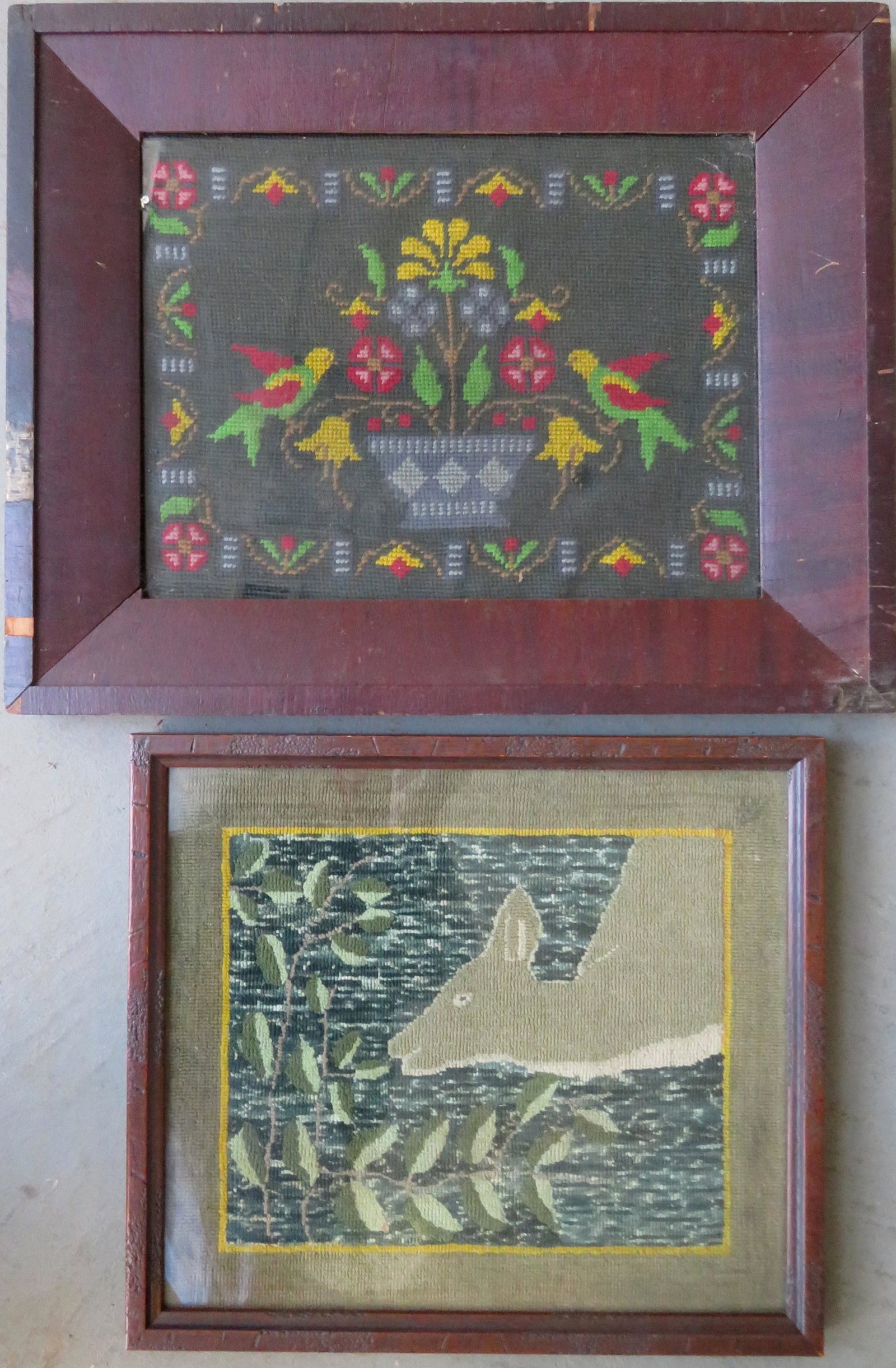 Two framed needlework pictures including: A hooked mat: Two framed needlework pictures including: A hooked mat depicting a deer eating leaves on tree, probably Grenfell Mission, late 19th century - frame size 13 1/2" x 15 1/2" - very good condition; and a 
