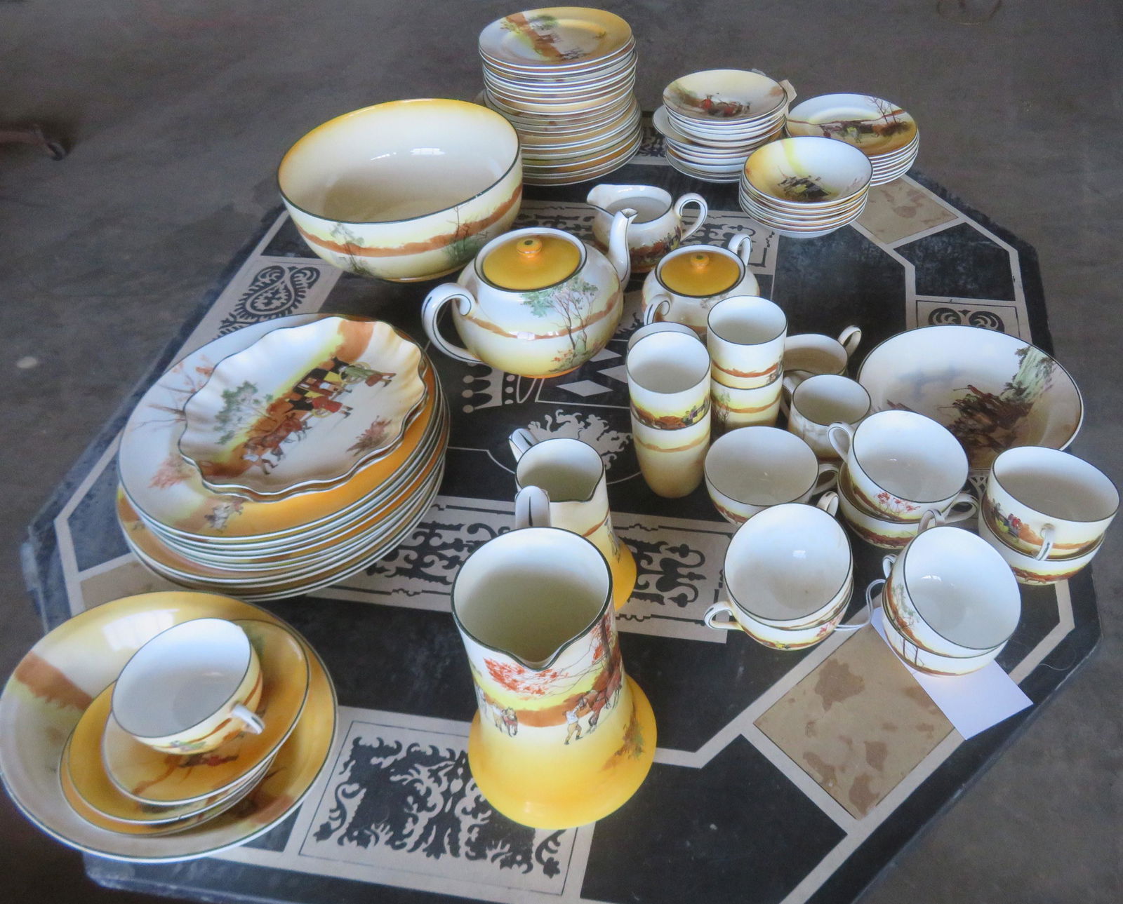 Grouping 79 pieces of Royal Doulton china, in English: Grouping 79 pieces of Royal Doulton china, in English coaching & hunt patterns. Includes: Six - 10 1/4"D dinner plates - no damage; four 10 1/2" dinner plates - no damage; eight 8"D salad plates - 1 w