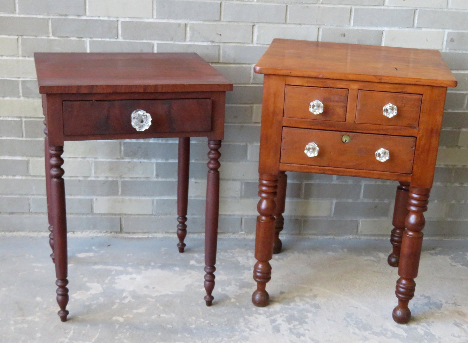 Two Sheraton work tables including a 1 drawer stand in: Two Sheraton work tables including a 1 drawer stand in mahogany - replaced pull, otherwise good condition in original finish - 26 3/4"H x 19 1/4"W x 17"D; and an unusual cherry stand having 2 drawers 