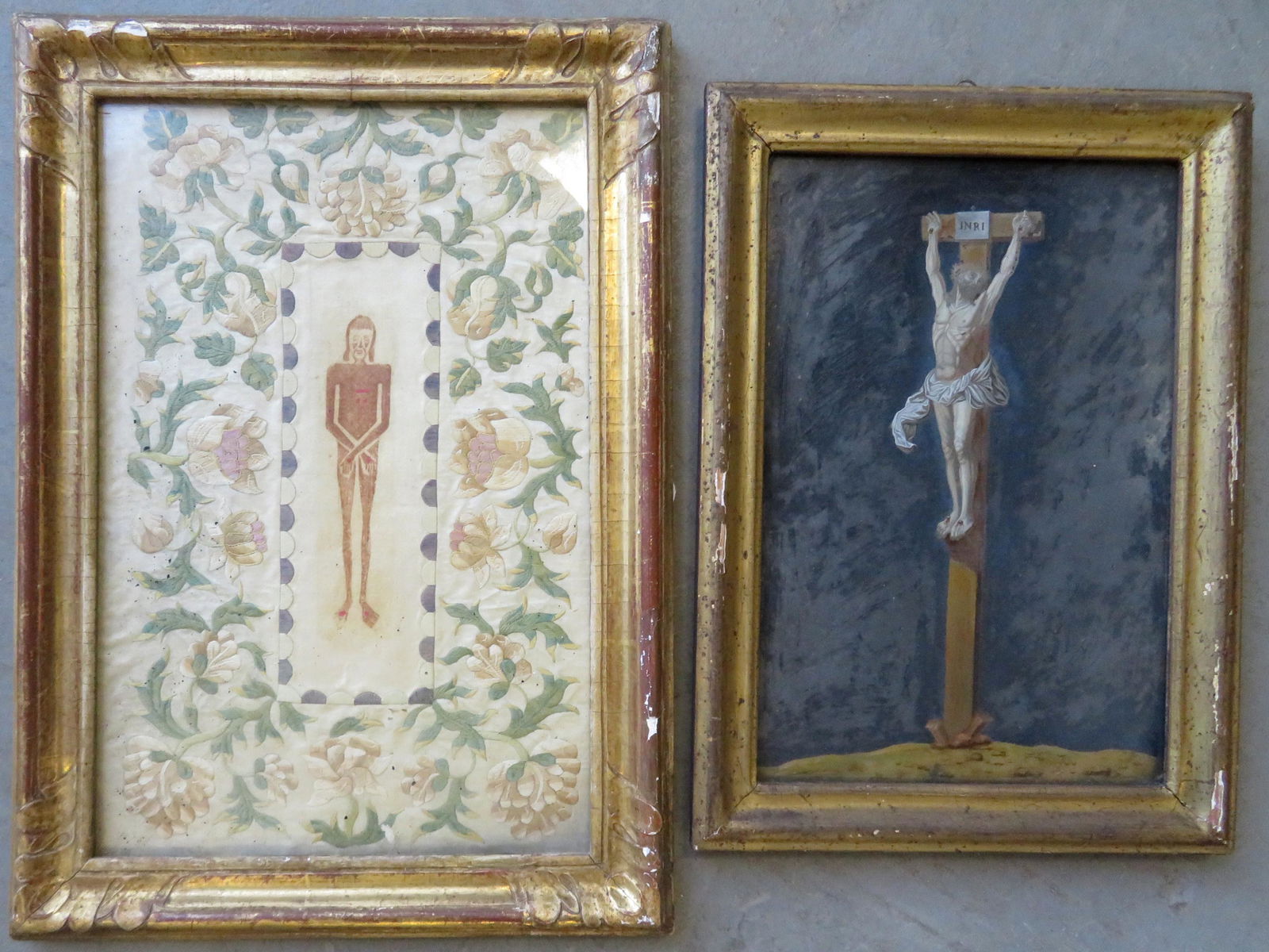 Two famed religious artworks including: A silk: Two famed religious artworks including: A silk embroidery depicting Jesus lying in tomb surrounded by flowers - 17th/18th century - the gilt gesso frame appears to be original and measures 11" x 15" -