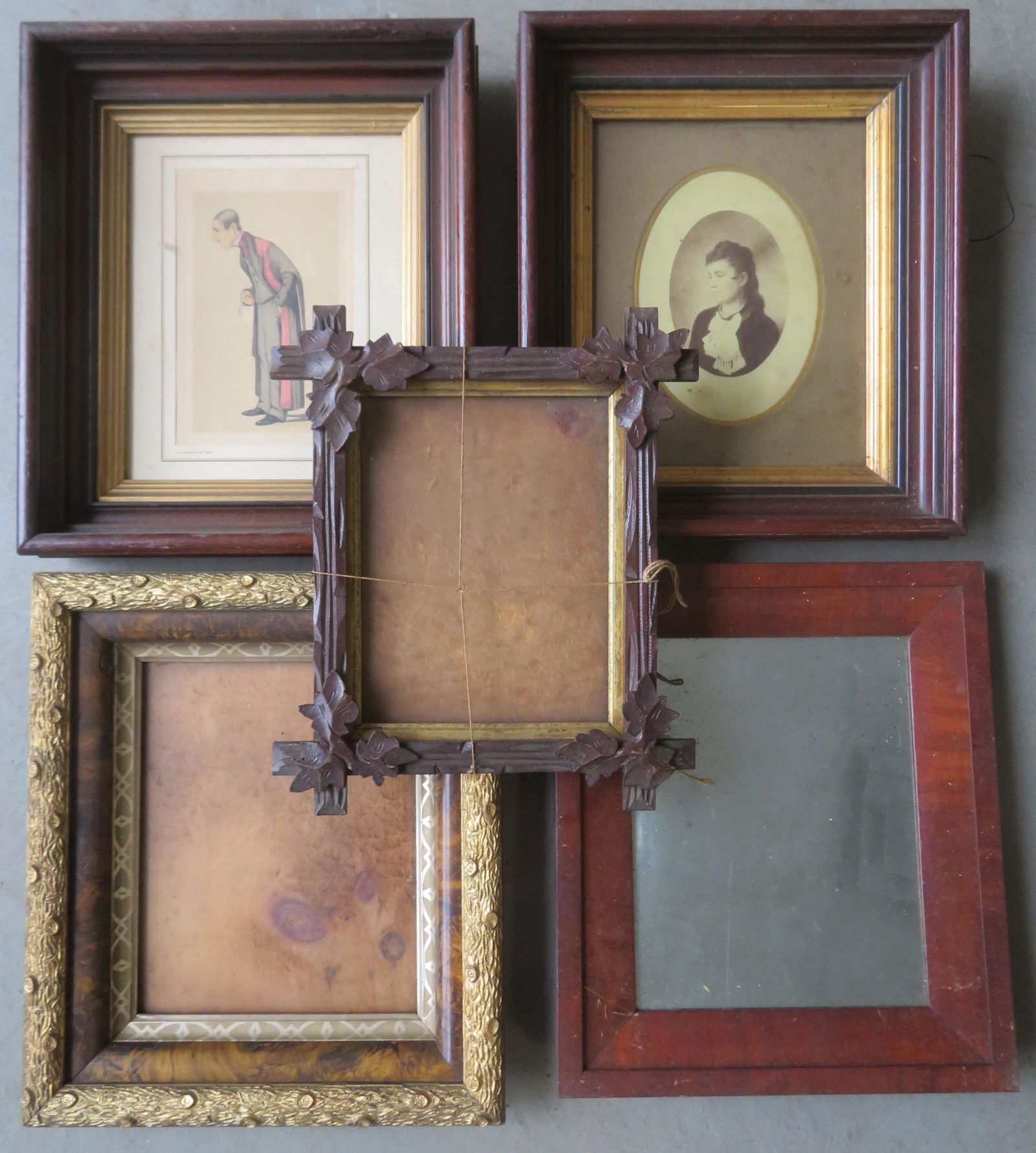 Grouping of 5 Victorian/Empire frames including 2: Grouping of 5 Victorian/Empire frames including 2 shadow box black walnut portrait frames - good condition, 1 mahogany with original mirror circa 1850 - very good condition, 1 with applied carved waln