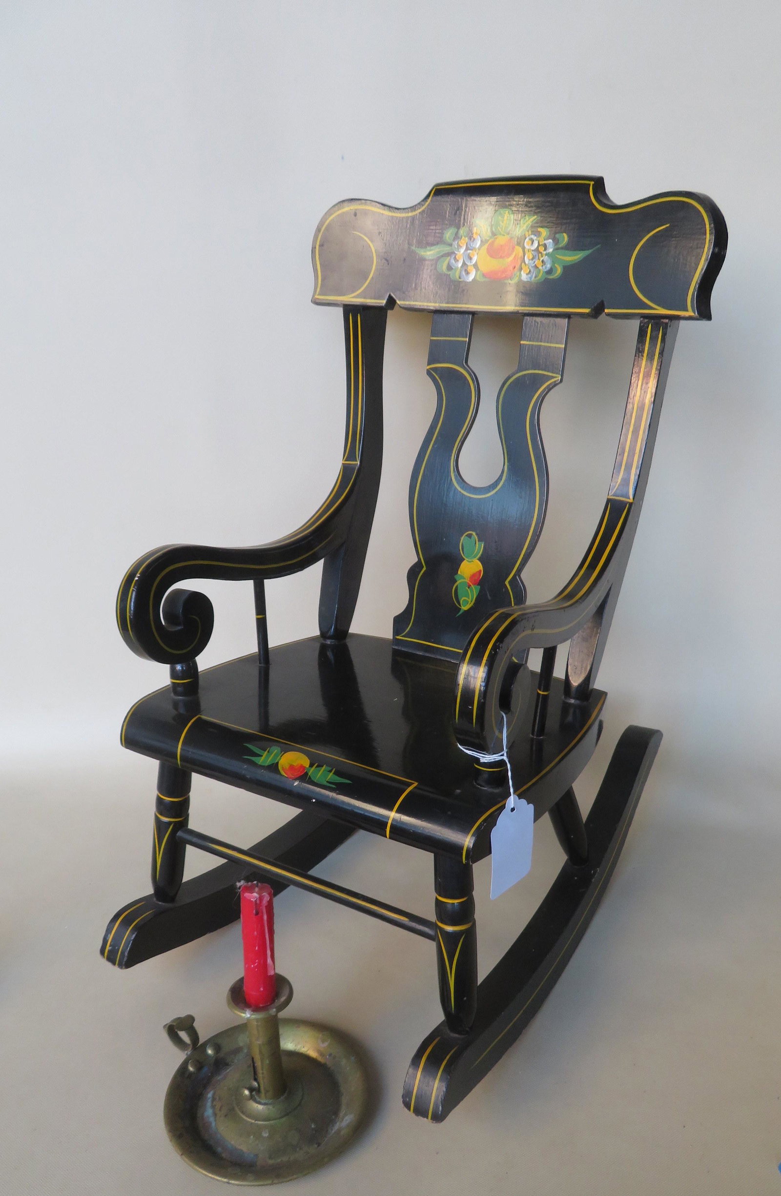 Pennsylvania stenciled and hand painted child's rocker: Pennsylvania stenciled and hand painted child's rocker signed on underside of seat "1969 / Built By / J.S. Ebersol / Intercourse Pa." - chair decorated like typical Lancaster County and in very good o