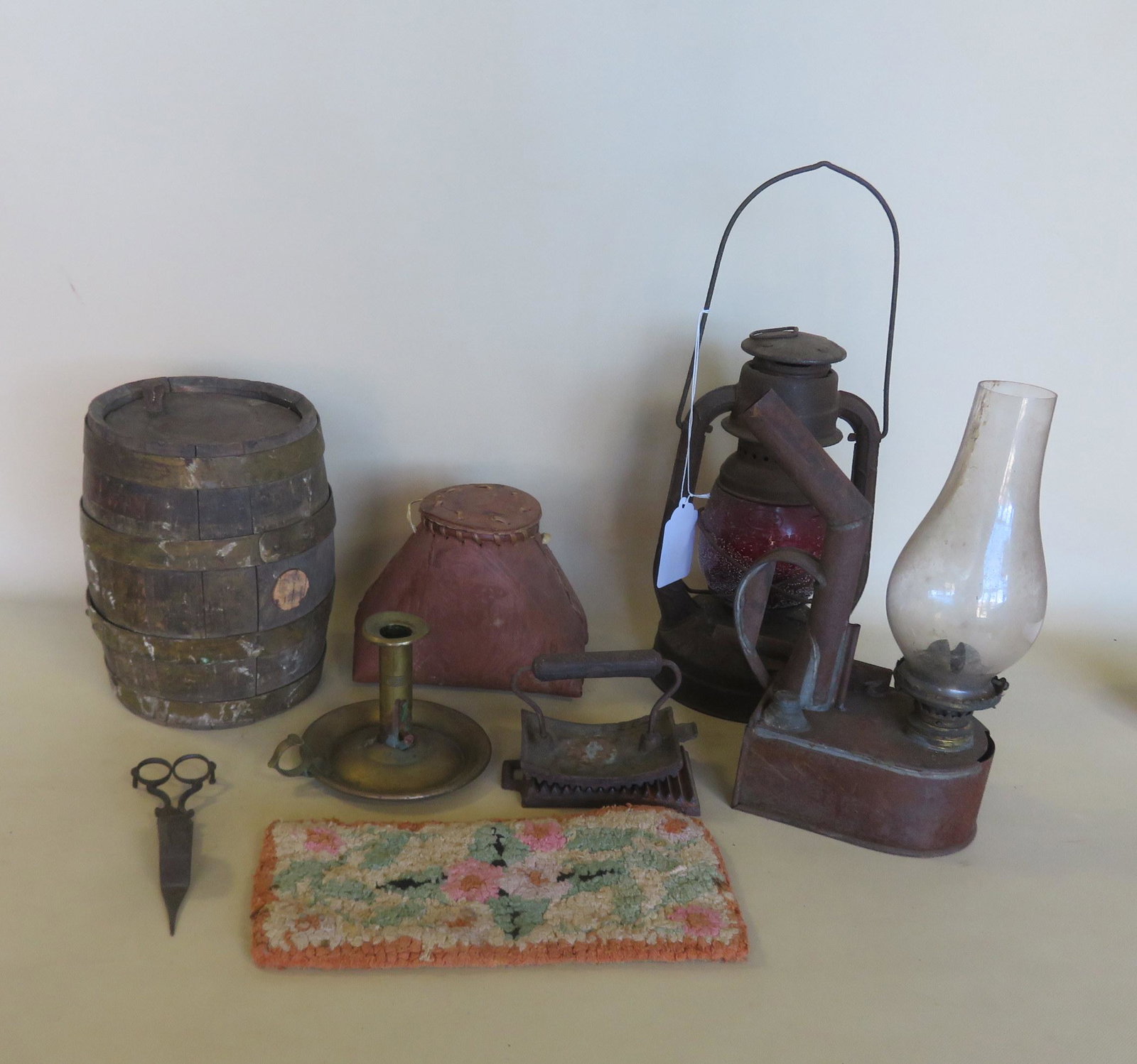 Grouping of 8 country items including barn lantern with: Grouping of 8 country items including barn lantern with original red chimney, an unusual hand made 19th century tin lantern with handle and vent pipe, a birch bark Native American trading post basket 