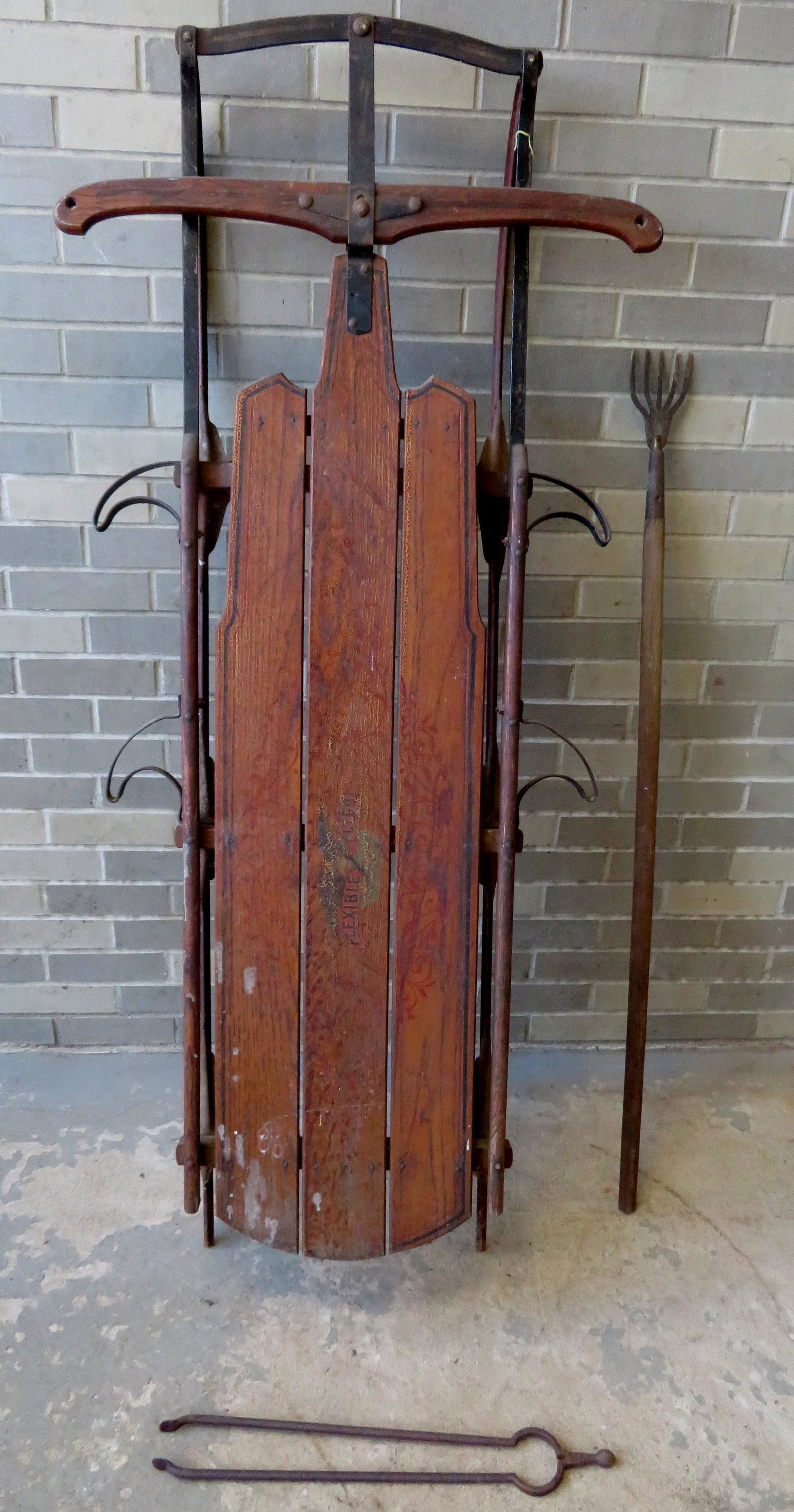 Grouping of 3 country items including a Flexible Flyer: Grouping of 3 country items including a Flexible Flyer sled with original foot stirrups and original eagle and floral stencils on front slats and signed "Flexible Flyer No. 5C" on reverse - Crazing to