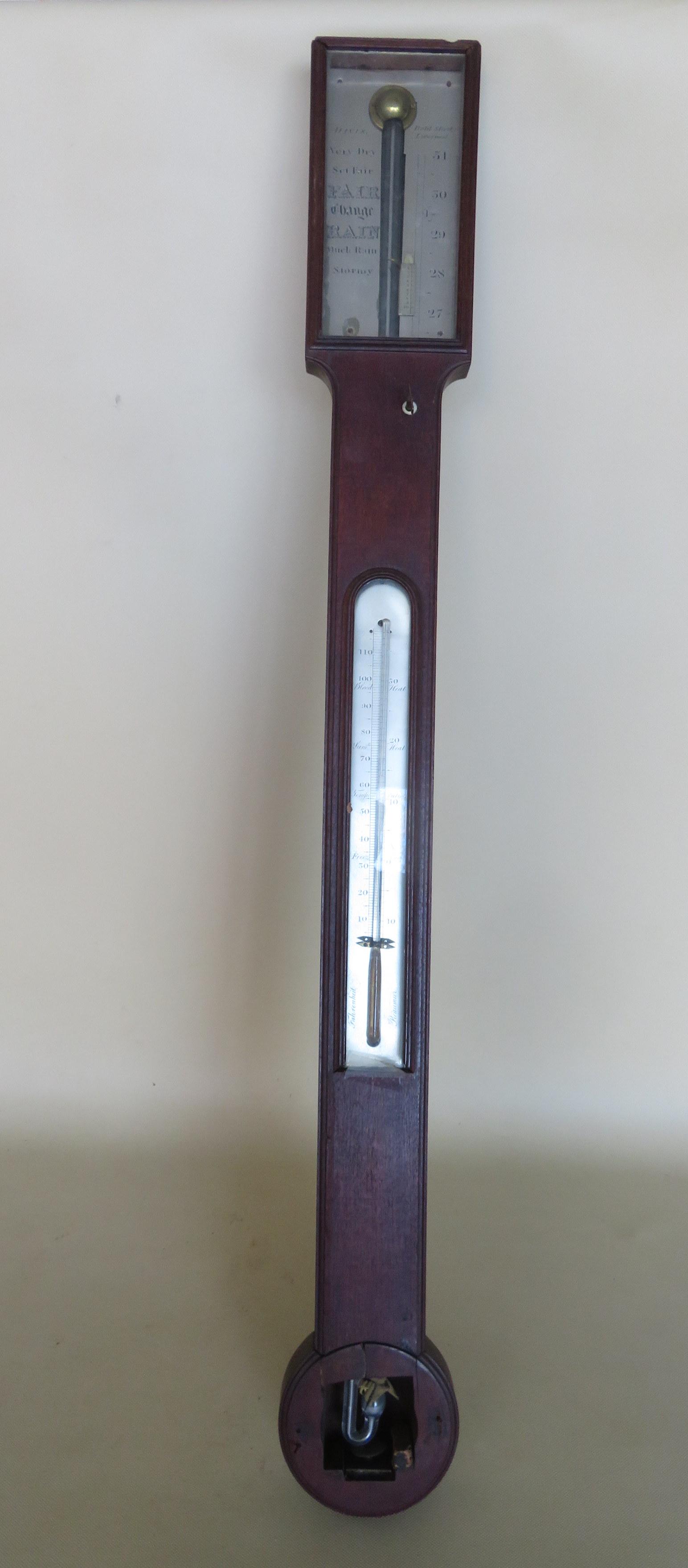 Early English stick barometer in mahogany signed: Early English stick barometer in mahogany signed "Davis, Bold Street, Liverpool.". Condition: Missing bottom section of race track molding around thermometer, missing cover for base of barometer, else