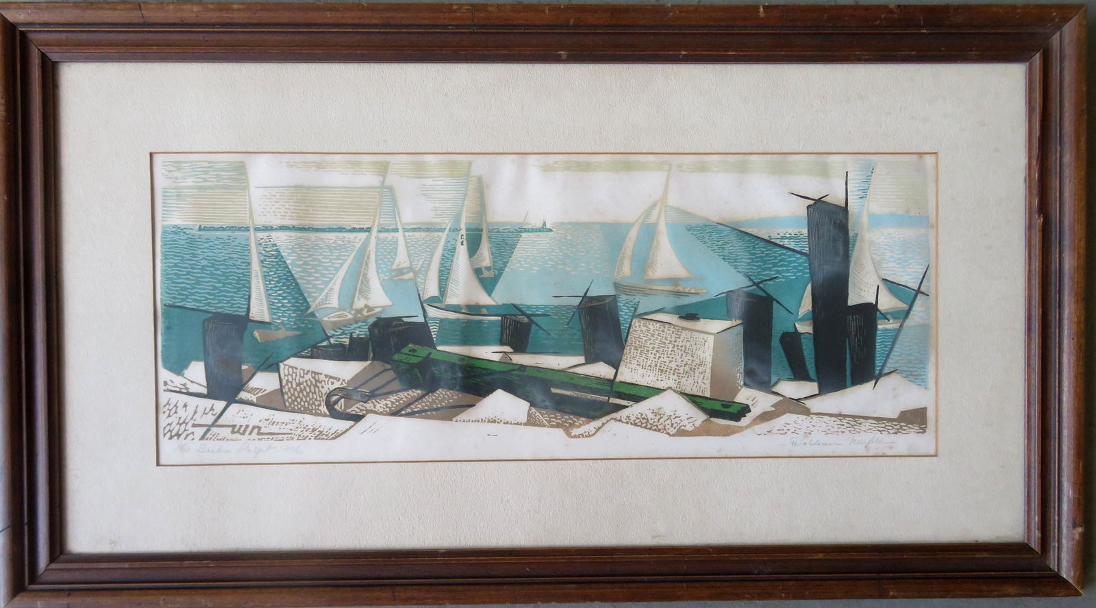 Modernistic lithograph sailing boats near harbor titled: Modernistic lithograph sailing boats near harbor titled "The Broken Pulpit", limited edition 20/20, Woldemar Neufeld (NY, Russian Federation 1909-2002). Size within mat 22 1/2" x 8 3/4" - frame size 3