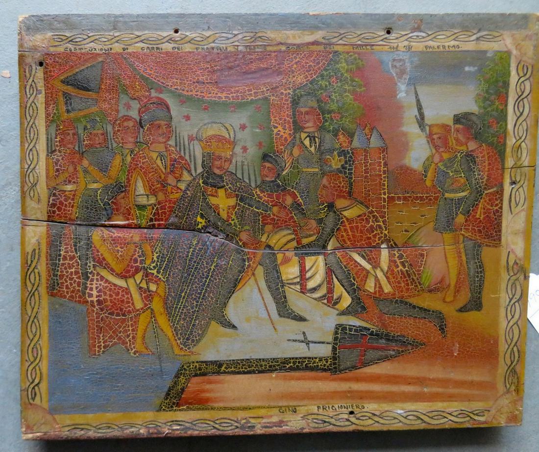 Italian (Sicilian) oil on wood panel, depicting a: Italian (Sicilian) oil on wood panel, depicting a soldier kneeling at the feet of a king - other soldiers and support staff in the background. Inscription in Italian across the top, which is partially