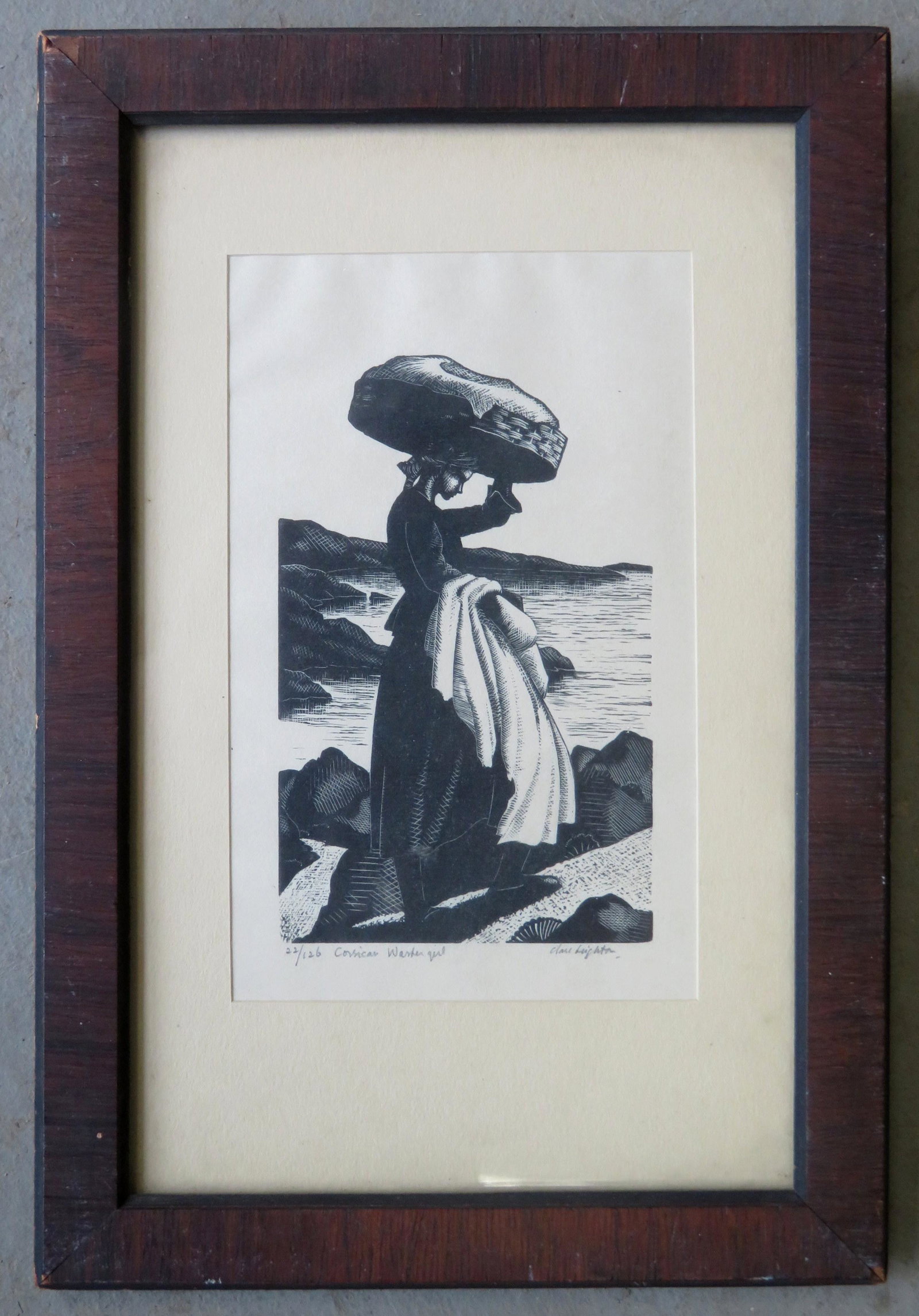Clare Veronica Hope Leighton, British/American,: Clare Veronica Hope Leighton, British/American, 1898-1989. Woodcut on paper, pencil signed Clare Leighton, limited edition, 22/126, entitled "Corsican Washer Girl". Very good condition. Size within ma