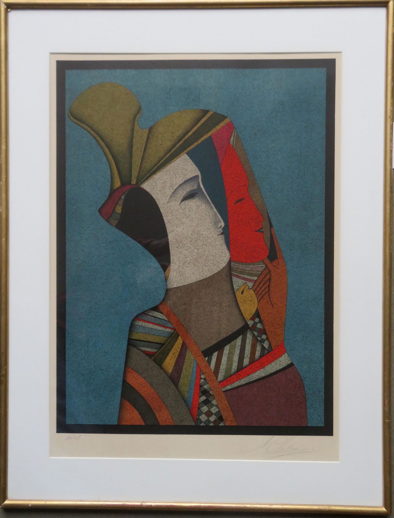 Mihail Chemiakin, Russian, born 1943. Colorful: Mihail Chemiakin, Russian, born 1943. Colorful modernistic lithograph oriental lady holding mask, pencil signed M. Chemiakin, limited edition 180/225. Very good condition. Total frame size 26" x 33 5/