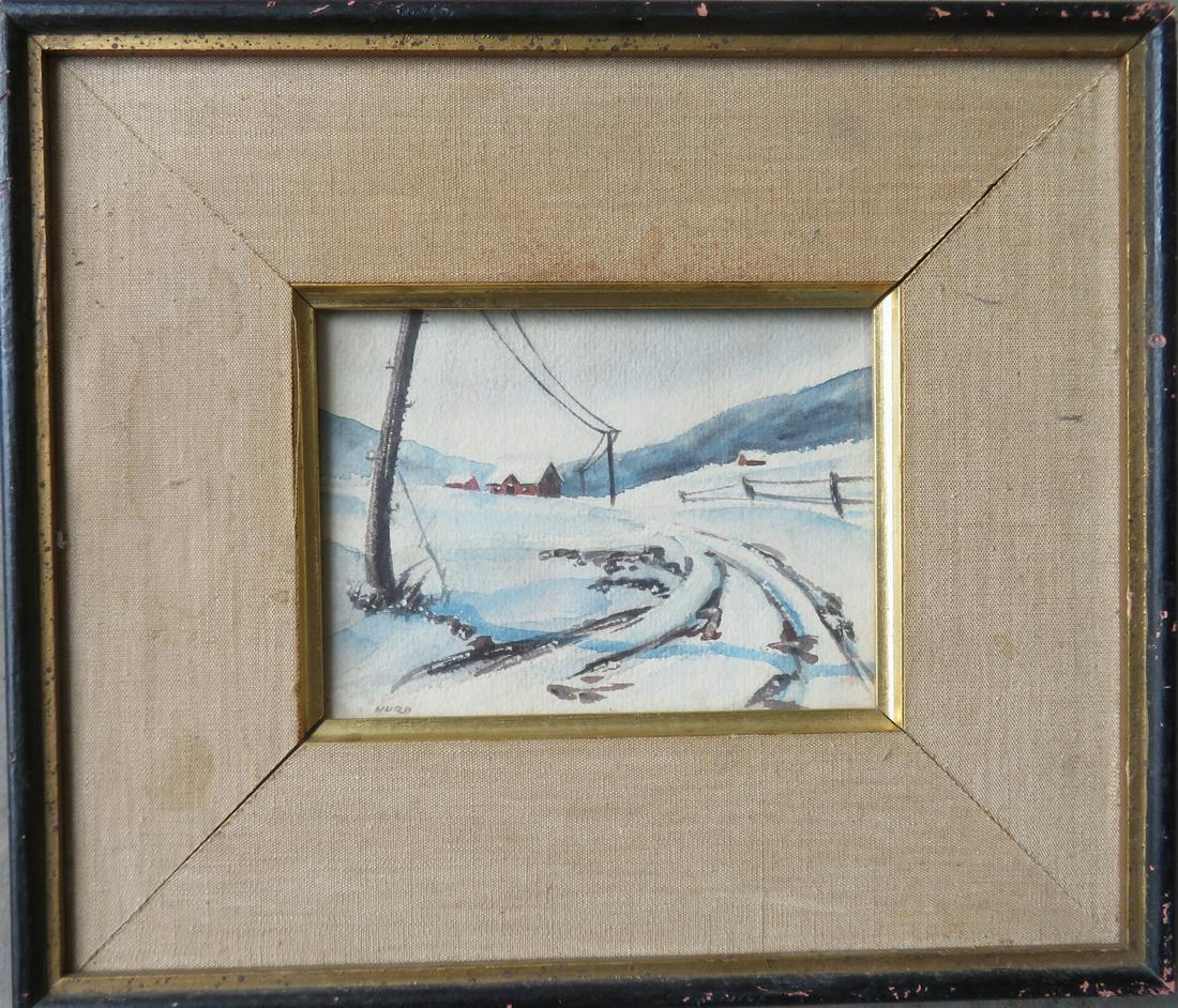 Small W/C Winter landscape signed Hurd (also signed on: Small W/C Winter landscape signed Hurd (also signed on reverse but first name scratched out, so probably NOT Peter Hurd: Pa./New Mexico 1904-1984). Very good condition. Sight size 6" x 4 1/2" and fram