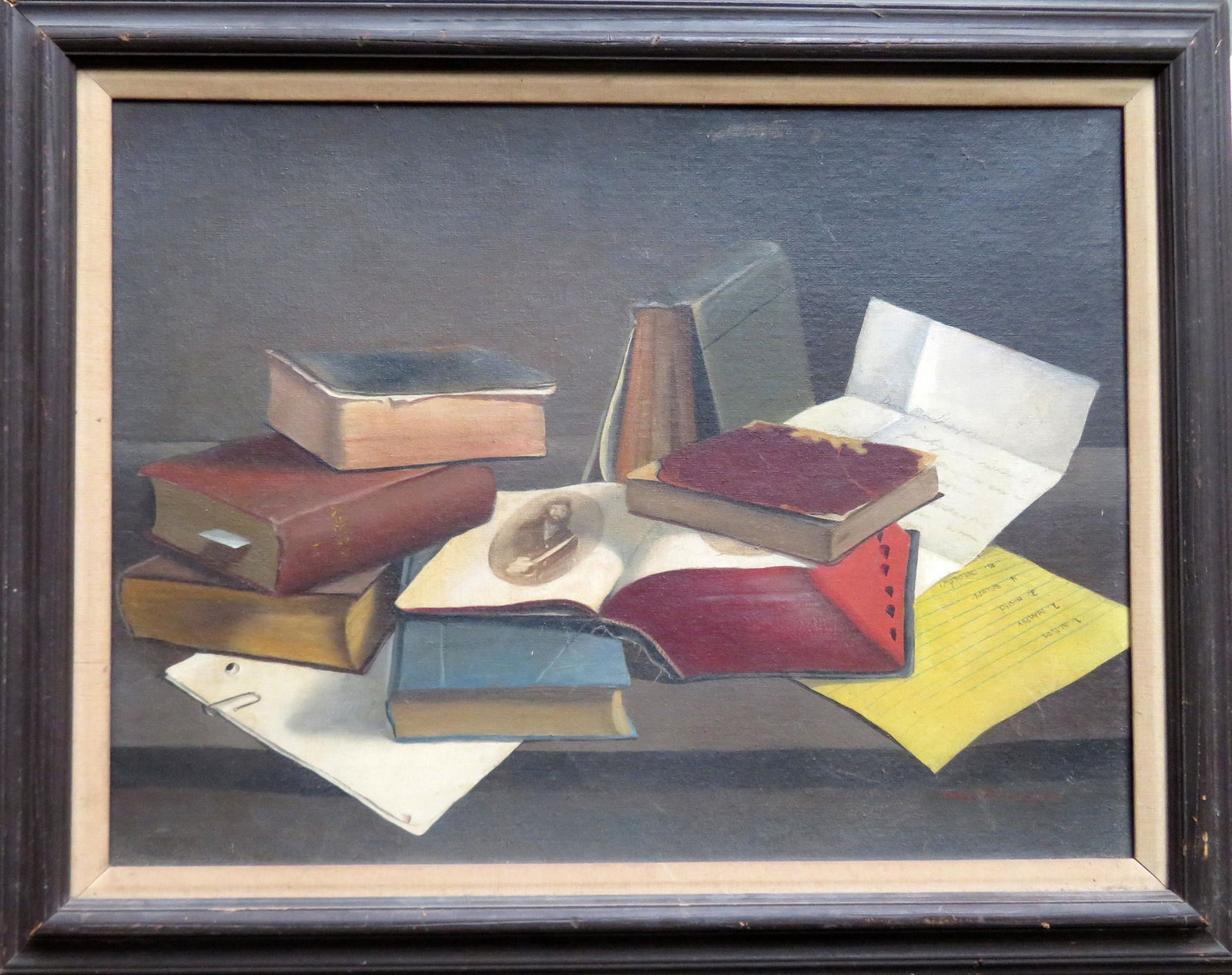 O/B Still life of books and letters signed Pauline Elbe: O/B Still life of books and letters signed Pauline Elbe Campanelli (NJ, 1943 - 2001). Very good condition. Total frame size 29" x 23".