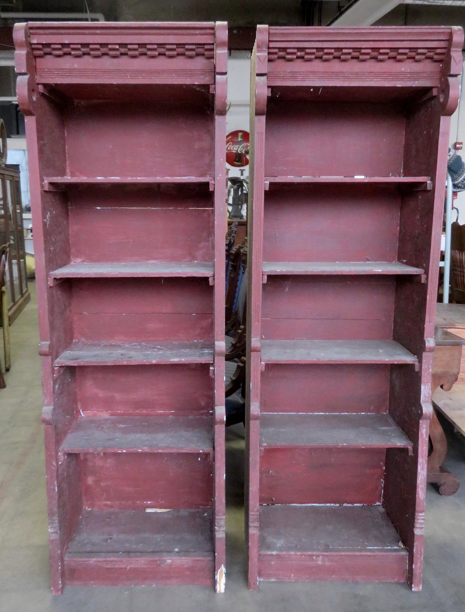 Two Victorian painted wood open front storage shelves,: Two Victorian painted wood open front storage shelves, 19th century, layers of old paint. Barn found, needs cleaning, otherwise good condition. Each 21"W x 14 1/2"D x 65"H.