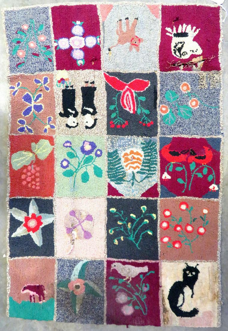Two folk art hooked rugs including: 1) Rectangular: Two folk art hooked rugs including: 1) Rectangular shaped hooked rug having 28 squares each decorated with colorful free-hand designs of a seated fox, flowers, houses, clock, snowman, dog with long ea