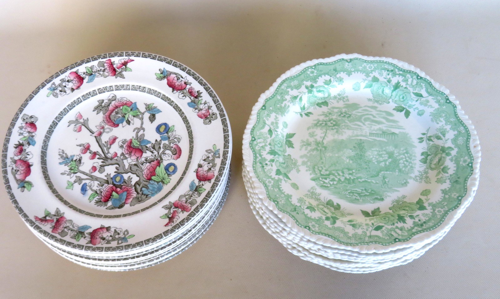 Two sets of dinner service plates including: Green and: Two sets of dinner service plates including: Green and white "Shannondale" pattern, 10 plates, by Ridgways England - 10"D - all very good condition, no damage - 19th/20th century; and "Indian Tree" pa