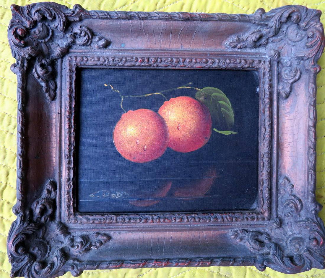 O/C Fruit on table signed C. Dodd, mounted in a gilt: O/C Fruit on table signed C. Dodd, mounted in a gilt gesso frame (which may be older than the painting), circa 1950-70. Stretcher size 8" x 10". Very good condition.