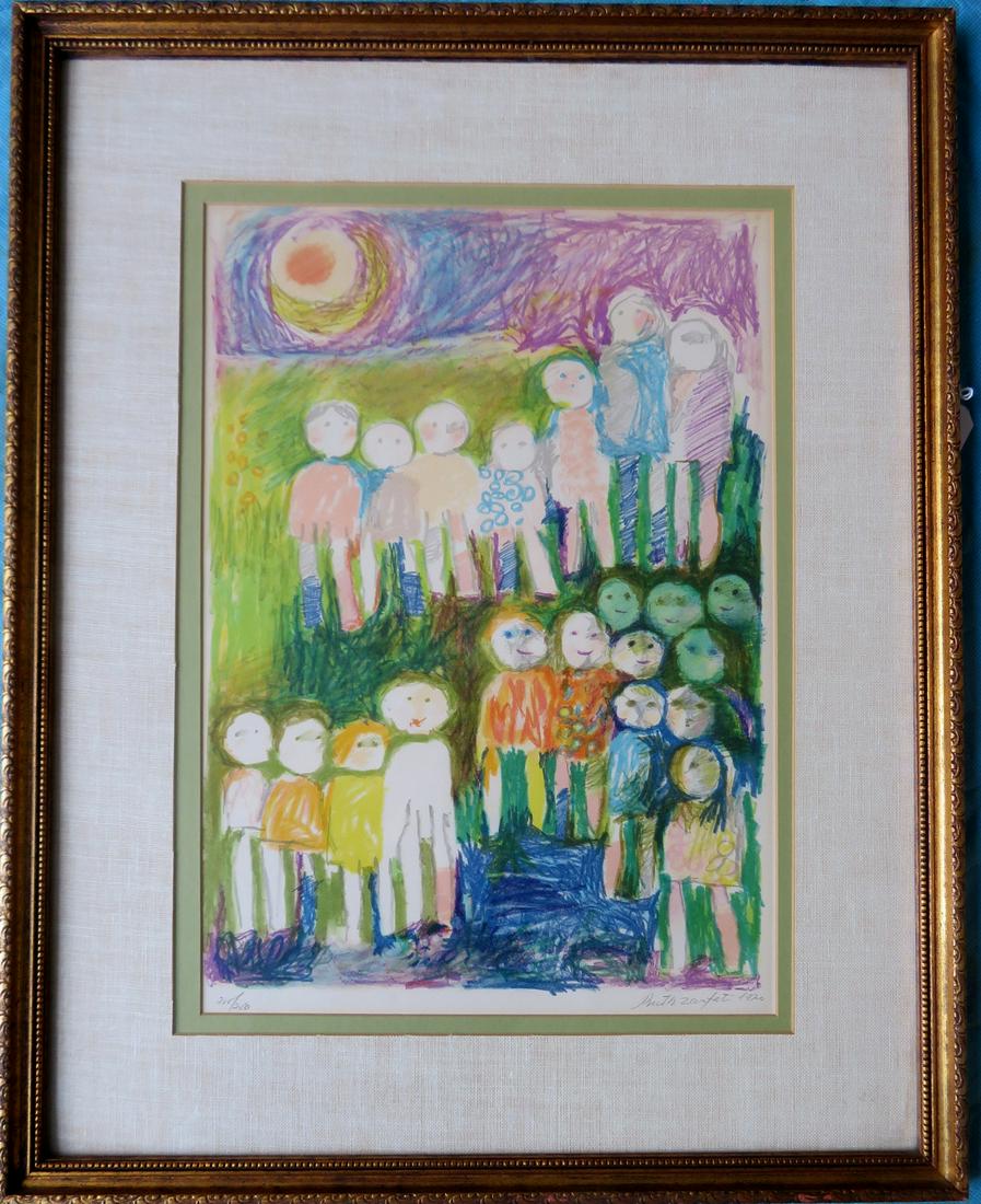 Modernistic lithograph of children signed Ruth Zarfati: Modernistic lithograph of children signed Ruth Zarfati 1970, limited edition 205/250 (Ruth Zarfati, Israel 1928-2010) . Very good condition. Frame size 23 3/4" x 29 3/4".