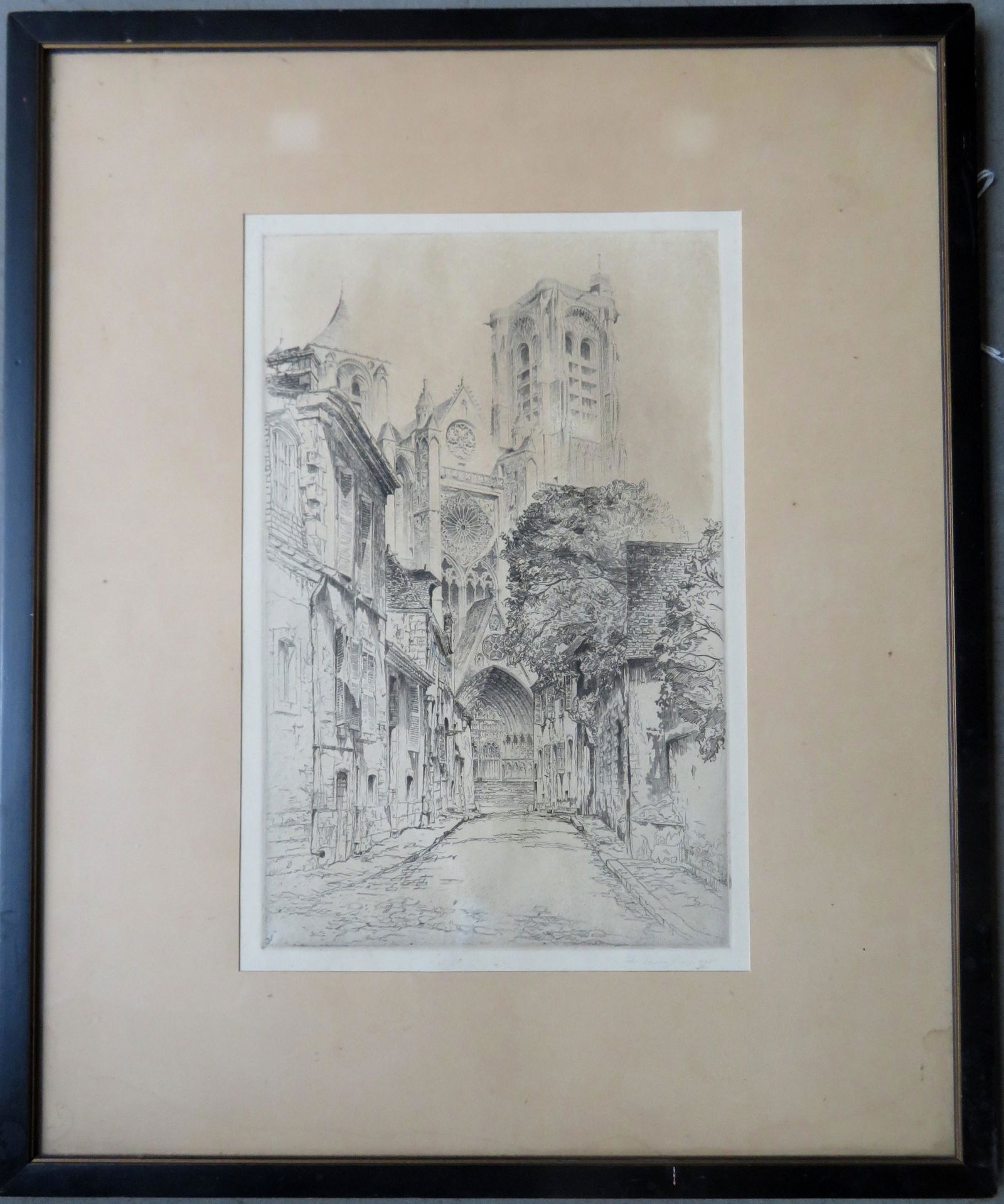 John Taylor Arms (American 1887-1953). Etching of: John Taylor Arms (American 1887-1953). Etching of architectural building, probably Notre Dame, pencil signed by artist lower right. Size within mat 9 7/8" x 14 3/4" - total frame size 23" x 19".