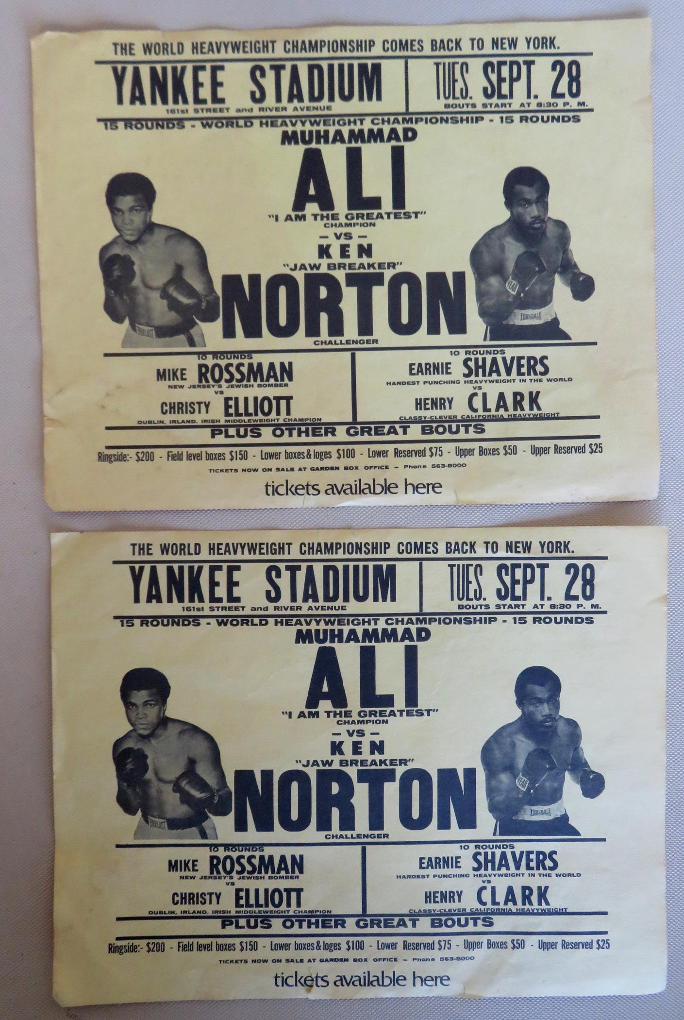 Two paper ticket window broadsides advertising a fight: Two paper ticket window broadsides advertising a fight between Muhammad Ali vs. Ken Norton at Yankee Stadium Sept. 28 1976. Black print on yellow paper. Size 8 1/2" x 11". Two vertical 1/4" & 1/2" tea