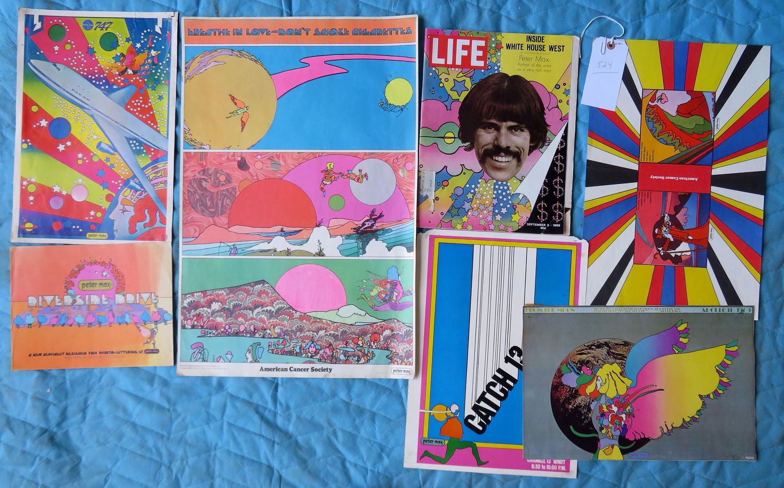 Grouping of Peter Max collectibles including 2 American: Grouping of Peter Max collectibles including 2 American Cancer Society posters the largest "Breathe In Love - Don't Smoke Cigarettes" - 24 3/4" 16 3/8"), Life Magazine with Max on cover 1969, Pan-Am 7