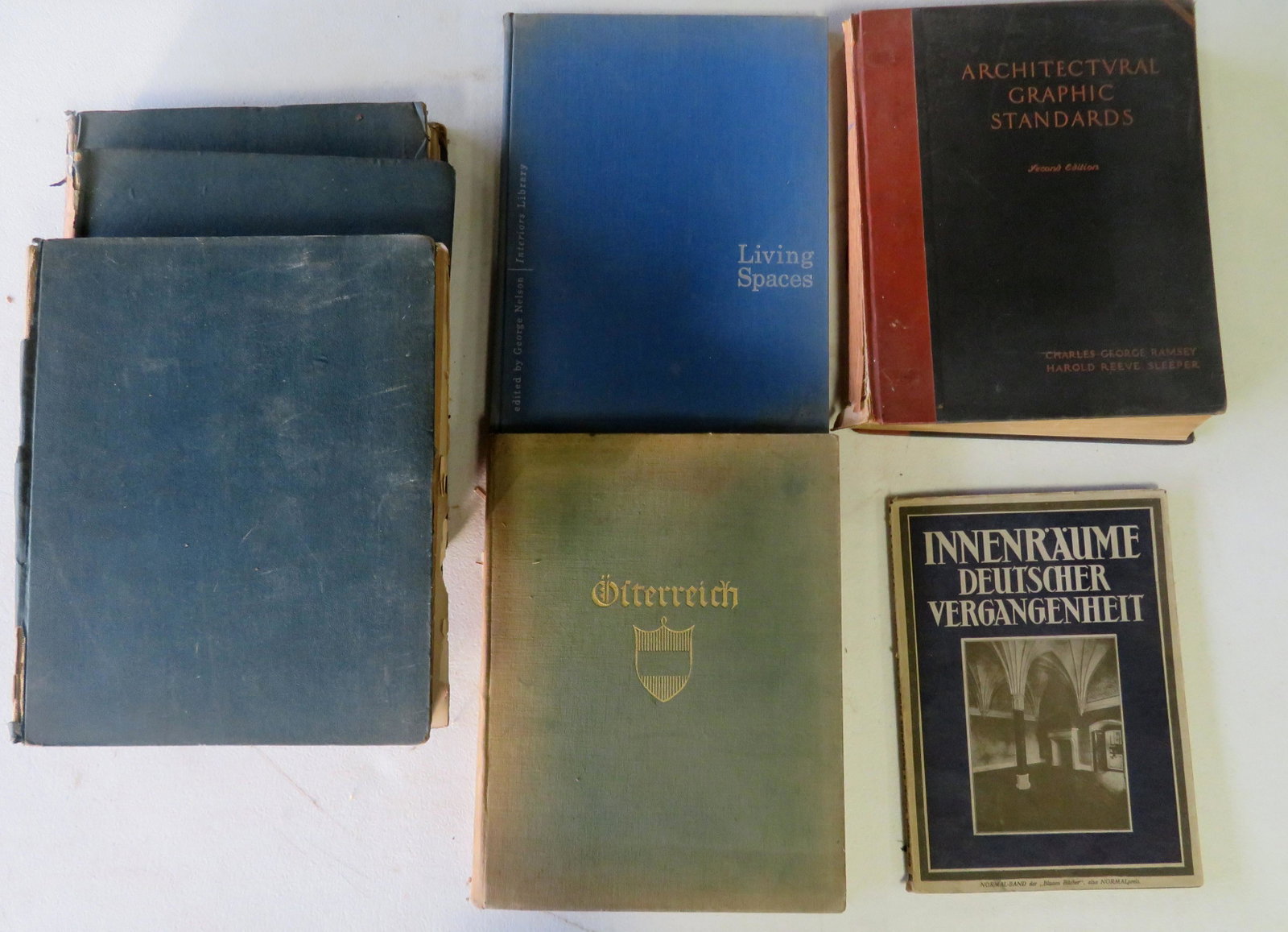 Grouping of 6 architectural related books including: 3: Grouping of 6 architectural related books including: 3 vol's "Examples of Gothic Architecture" published in London 1850 with many plates including some pull-out plates - the book bindings in poor cond