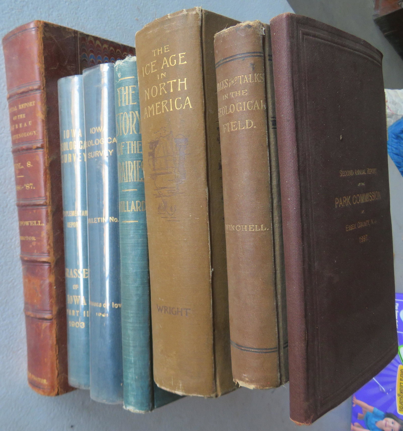 Grouping of 7 mostly geology/ethnographic related books: Grouping of 7 mostly geology/ethnographic related books including: The Annual Report of the Bureau of Ethnology, Vol. 8, 1880-1887 by J.W. Powell published in 1891 - Native American information - slig