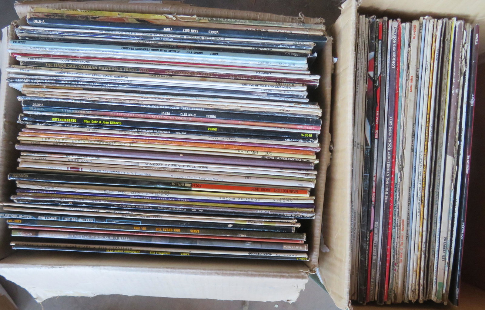 Grouping of 30 Rock & Roll records and 53 Jazz records,: Grouping of 30 Rock & Roll records and 53 Jazz records, most from the 1960's to 1980. Rock & Roll includes the Beatles, Lead Zeplin, The Rolling Stones, Devo, Fleetwood Mac, Frank Zappa, etc. Jazz inc