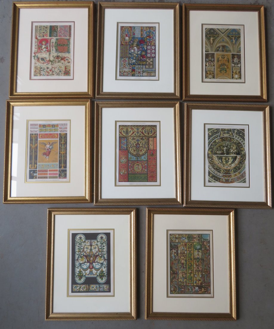 Grouping of 8 architectural chromolithographs: Grouping of 8 architectural chromolithographs, all professionally framed and matted, including:French Renaissance - Gobelius; German Renaissance - Stained Glass Painting; Italian Renaissance - Pottery