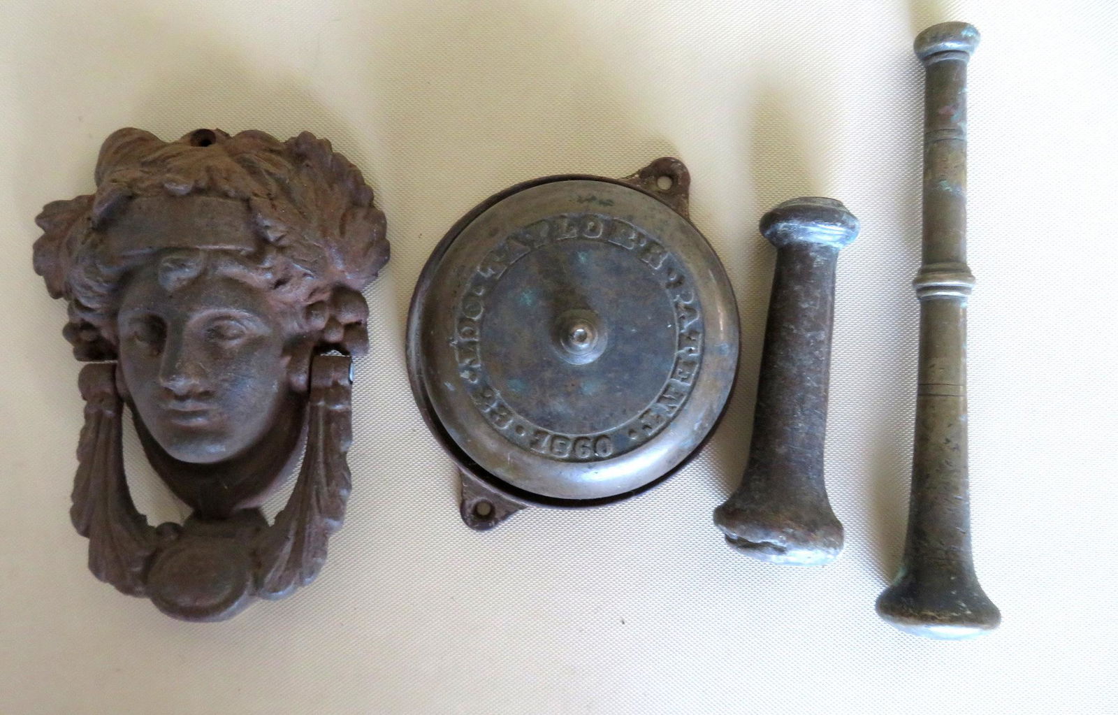 Grouping of 4 early metal objects including: Brass & (1 of 8)