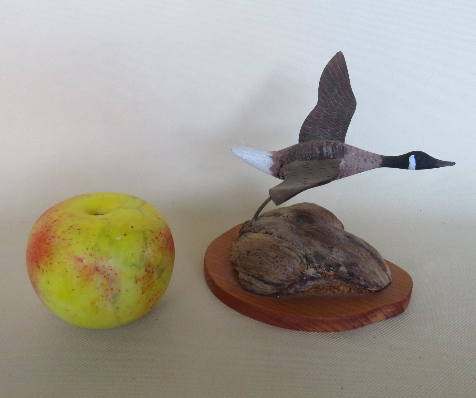 Miniature carved wooden flying goose in original paint,: Miniature carved wooden flying goose in original paint, signed Blair, mid 20th century. 7.5"W 5.5"L x 5"H.