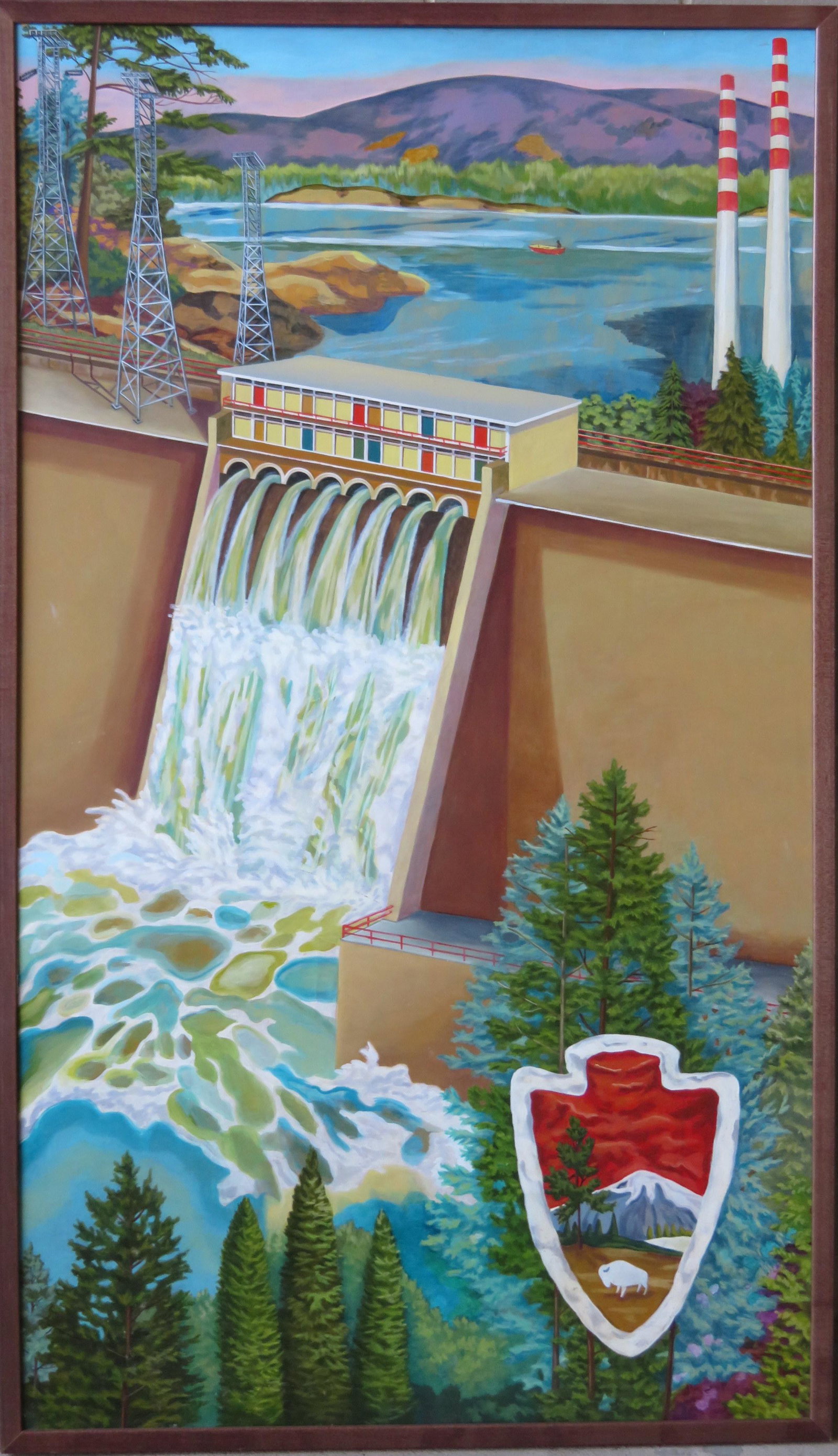 Oil on board advertising illustration for a hydro: Oil on board advertising illustration for a hydro electric dam with US National Park Service logo on right side. Unidentified dam. Very good condition, circa 1950. Size 27" x 47 1/2".