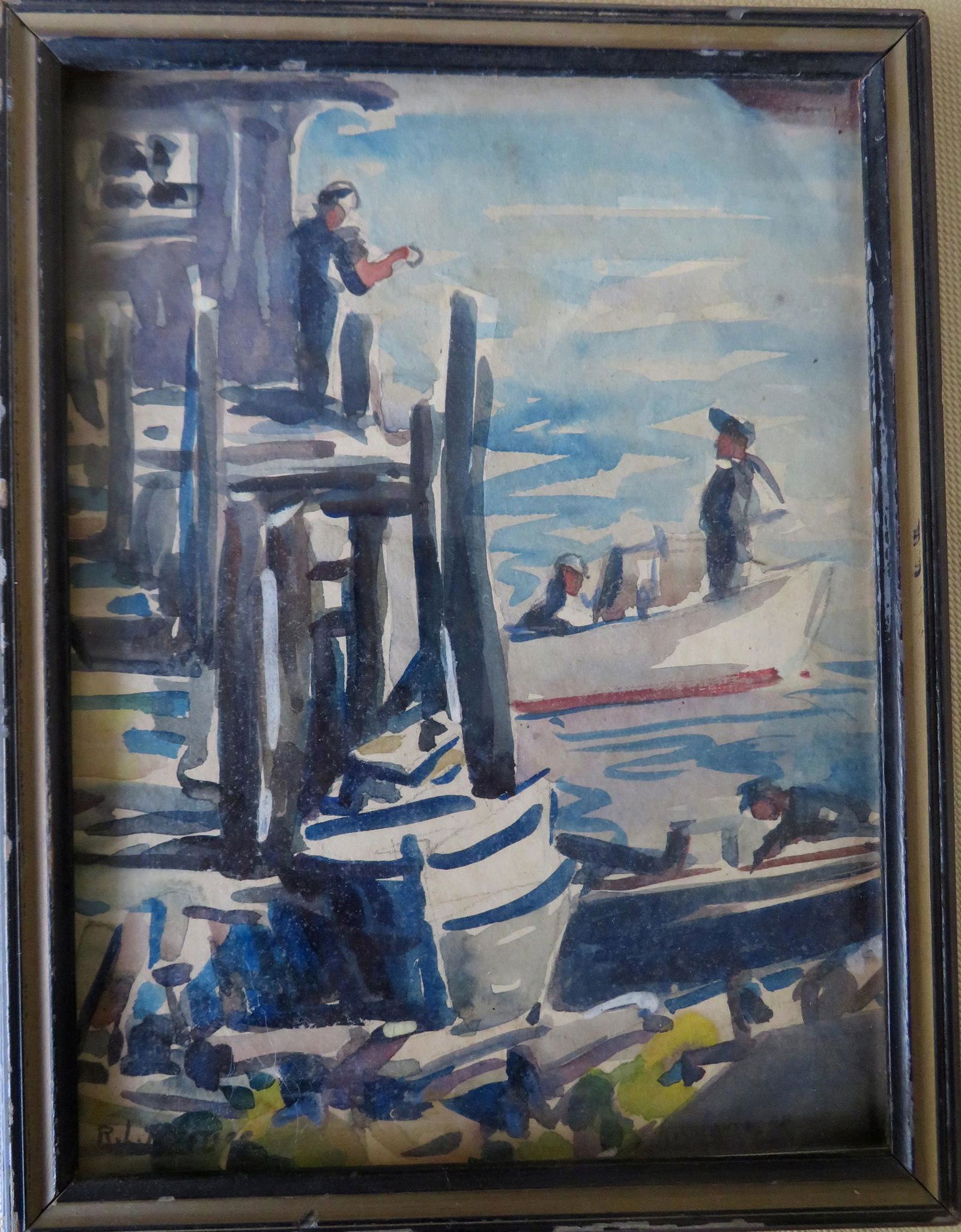 W/C Harbor scene with boats and men, early 20th (1 of 5)