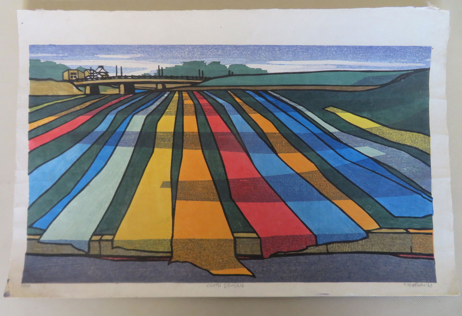 Clifton Karhu (Active in Japan/Minnesota 1927-2007).: Clifton Karhu (Active in Japan/Minnesota 1927-2007). Woodblock print titled in pencil "Cloth Drying" and signed C. Karhu '68 - 50/50. Not framed. 12" x 19". Some minor creases in paper, but overall ve