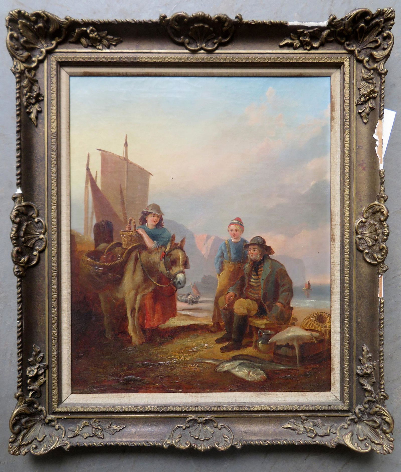 O/C Fisherman with family signed W.H. Pike (William: O/C Fisherman with family signed W.H. Pike (William Henry Pike, British 1846-1908). Very good condition, late 19th century. Stretcher size 18 1/4" x 22 1/2". The frame with some losses to gesso, other