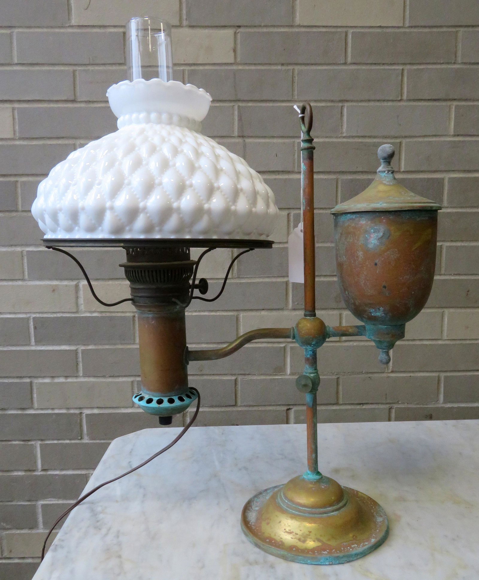Brass student lamp with milk glass shade signed "Rayo (1 of 4)