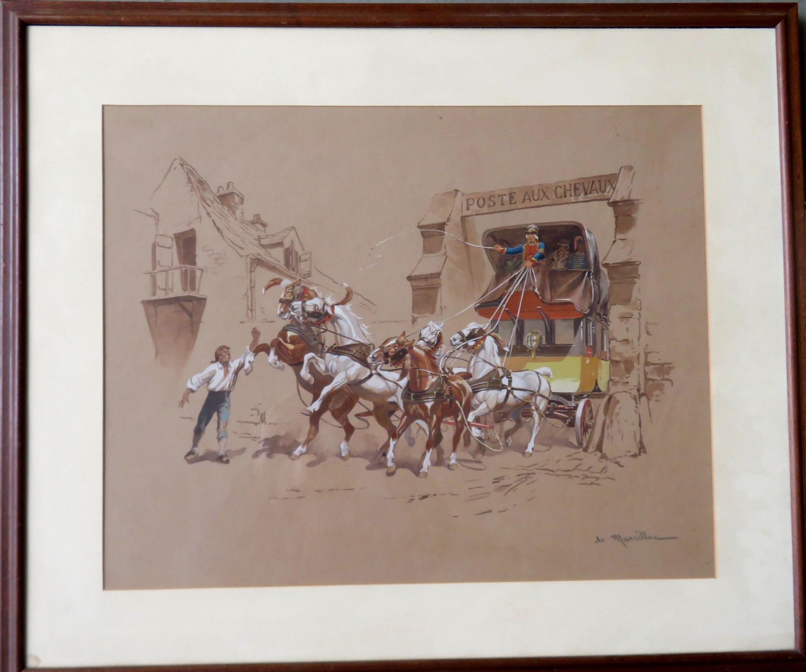 A French Gouache illustration depicting  an anxious man (1 of 3)