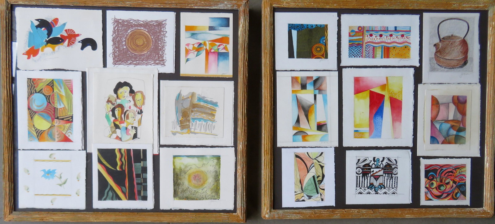 Joan Busing, NY/Maine, 20th-21st century. Grouping of: Joan Busing, NY/Maine, 20th-21st century. Grouping of 18 miniature mixed media modernistic paintings, pencil signed "Joan", all contained within 2 frames (9 in each). All in excellent condition. Total