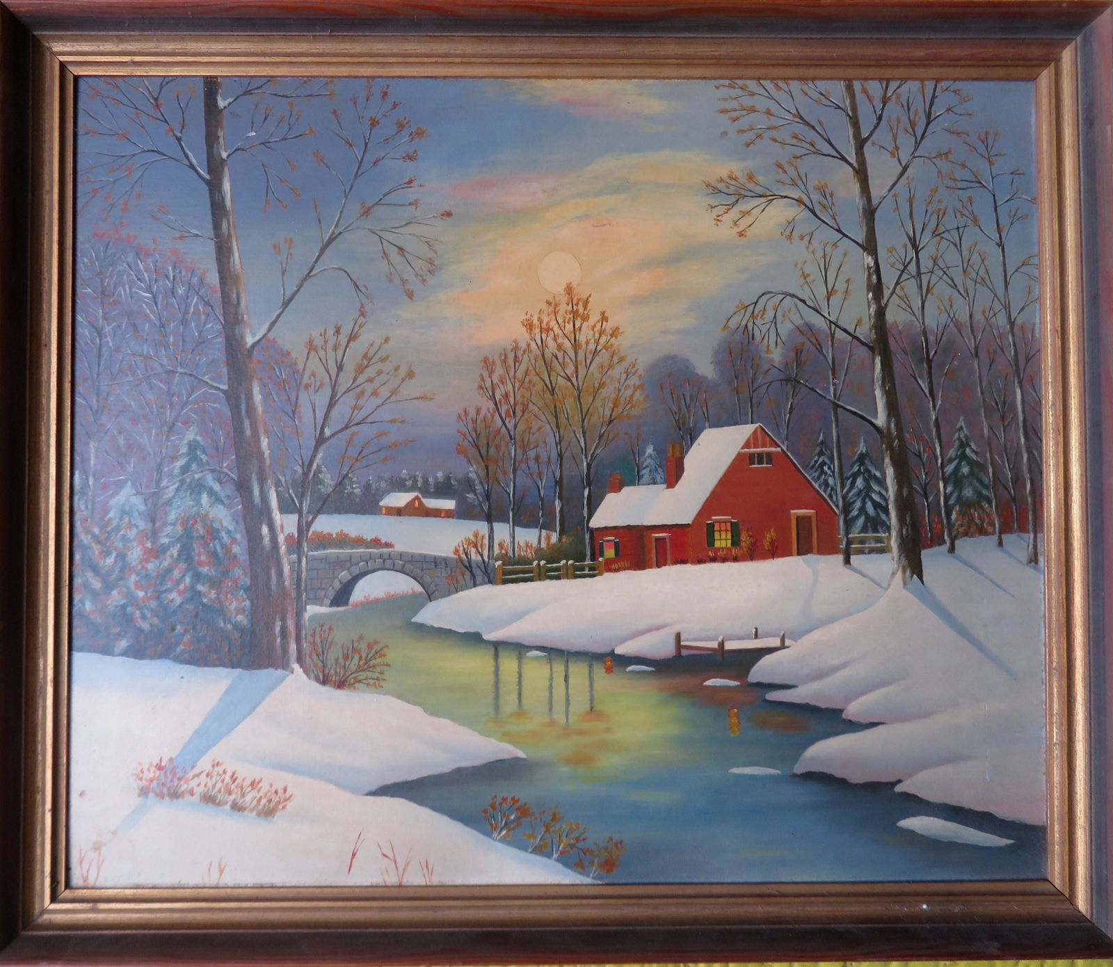 O/B Winter landscape with houses and bridge over stream (1 of 4)